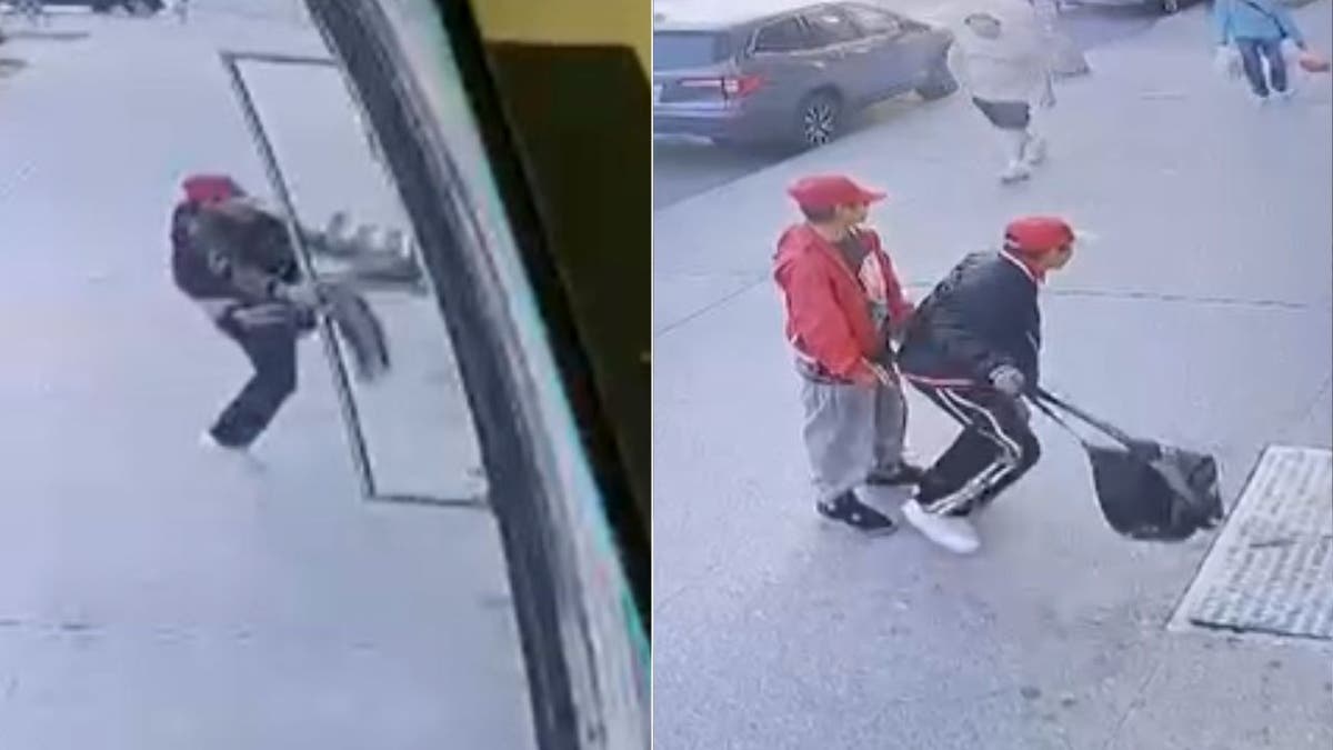 The suspect kicks the store door and the duo outside