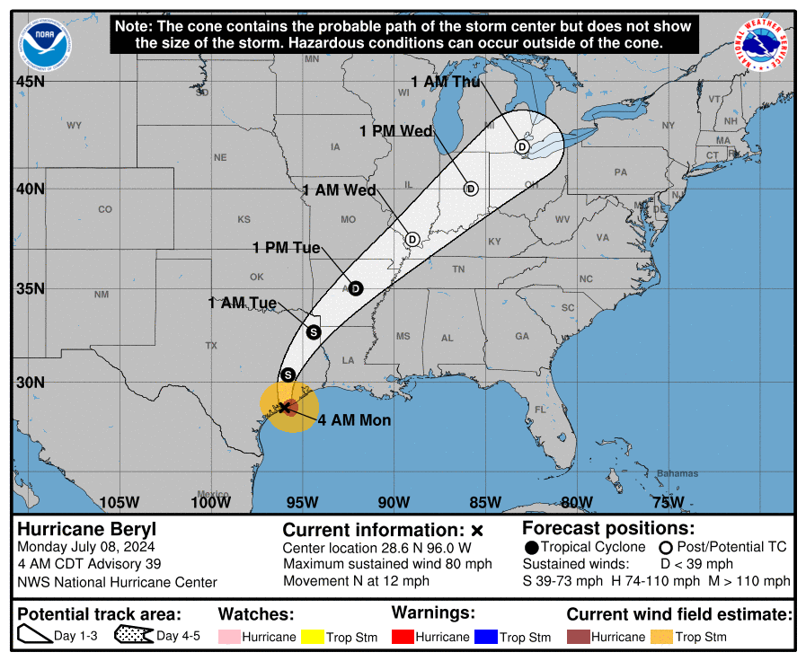 Hurricane Beryl is due to move through the Lower Mississippi Valley into the Ohio Valley