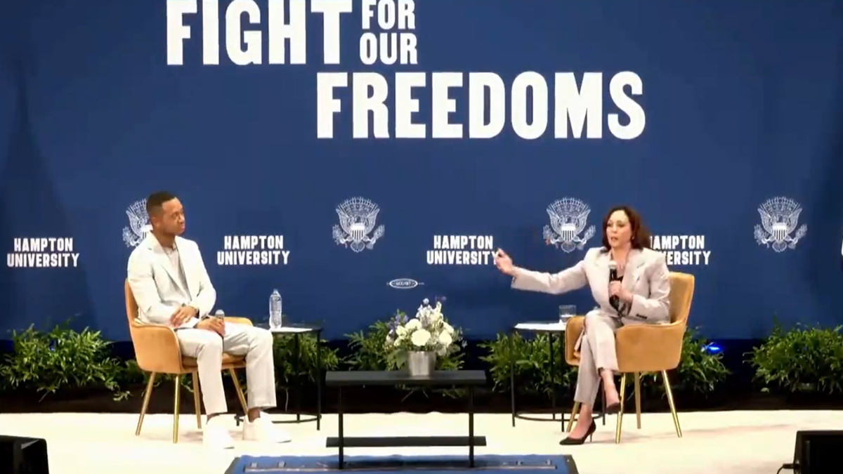 Kamala Harris seated at Hampton University event