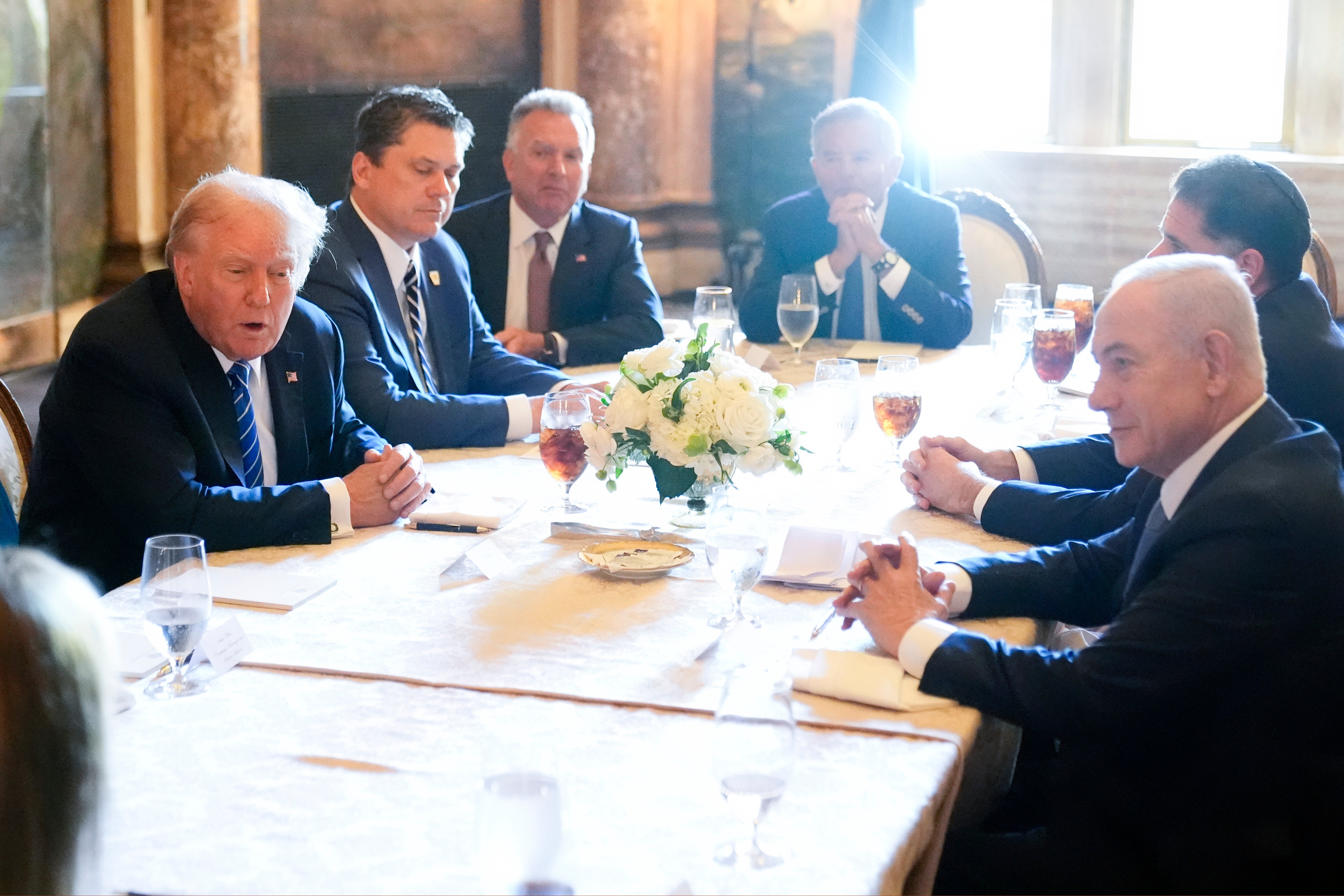 Republican presidential candidate former President Donald Trump meets with Israeli Prime Minister Benjamin Netanyahu at his Mar-a-Lago estate, Friday, July 26, 2024, in Palm Beach