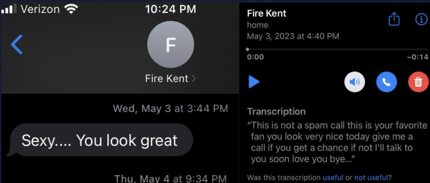 Kent Johnson text and voicemail (images via court docs)