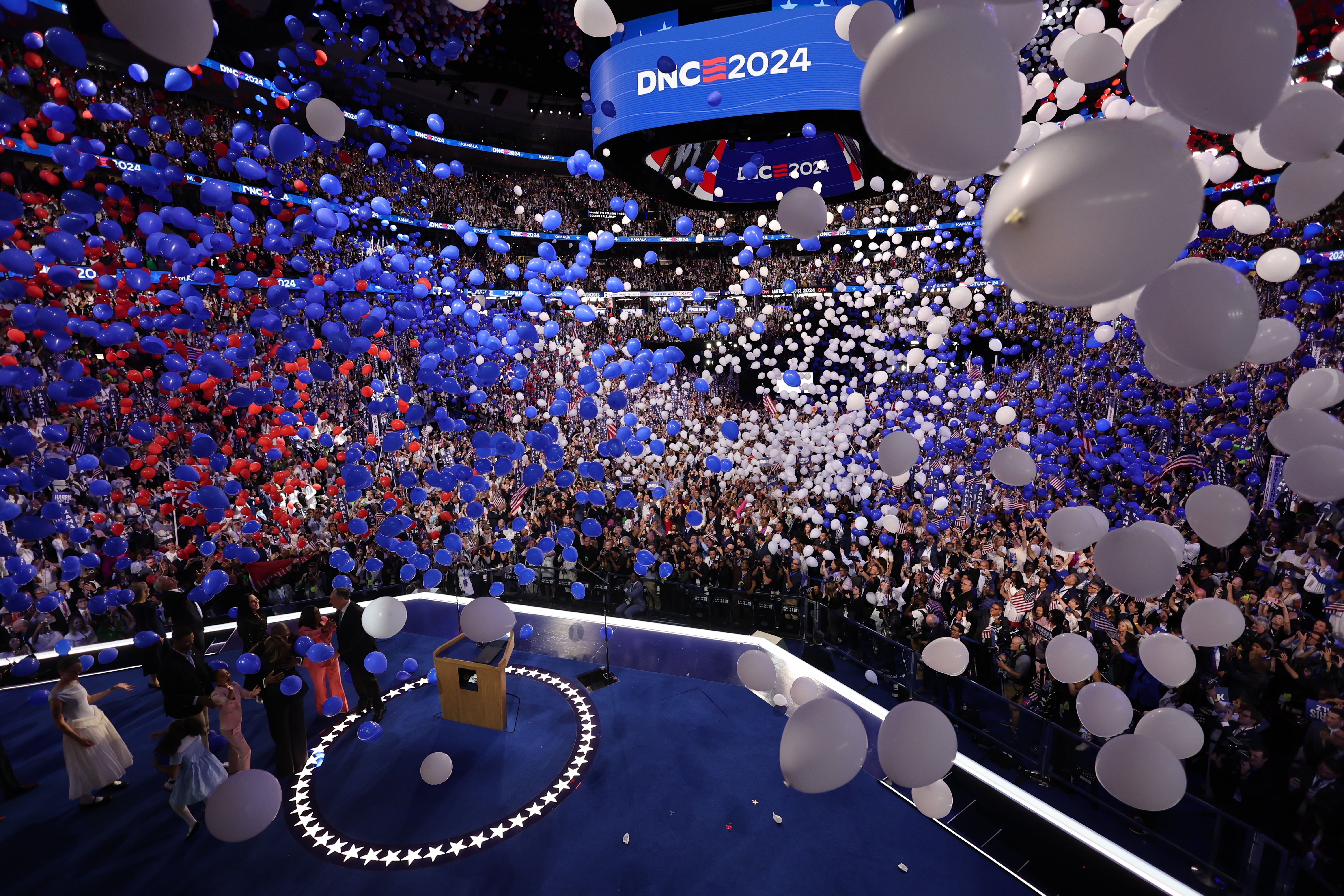 Balloons are released after Kamala Harris appeared onstage the final day of the Democratic National Convention on August 22.