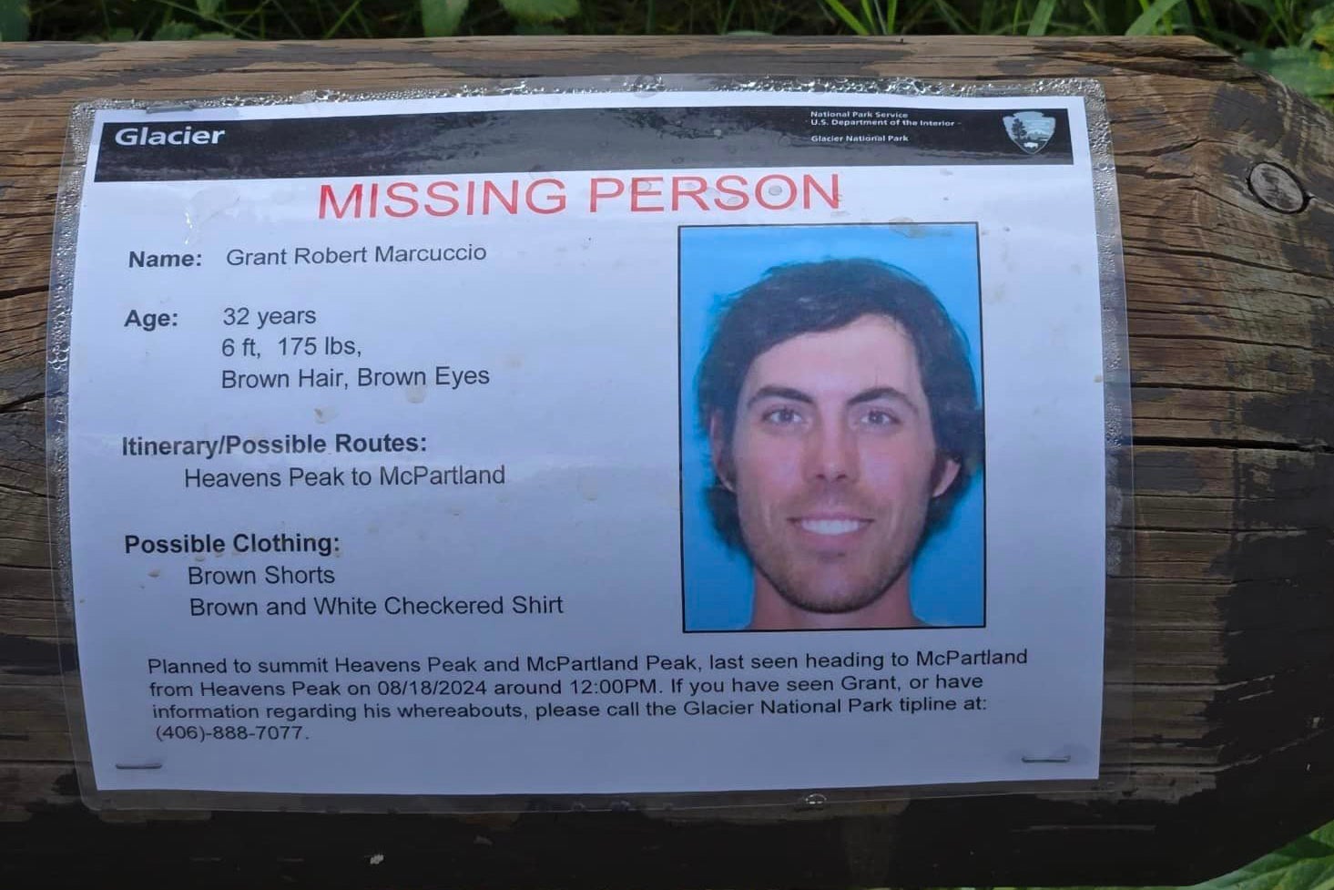 Grant Marcuccio, 32, has been missing from Glacier National Park in Montana since Sunday