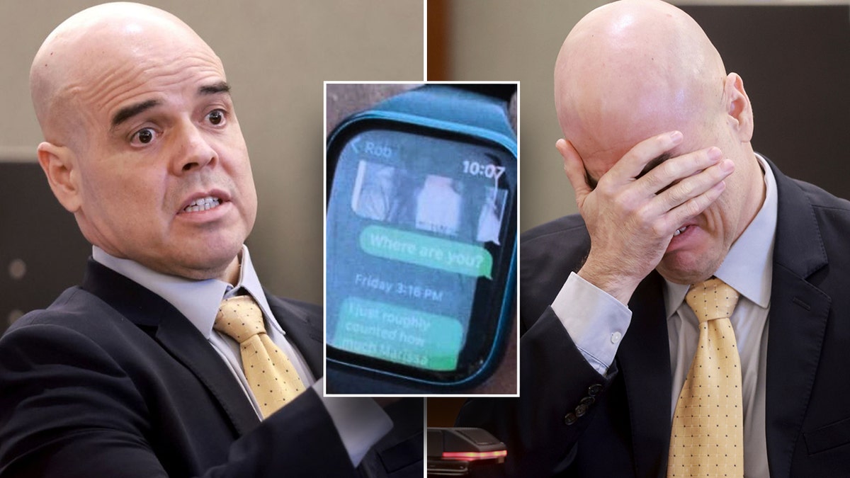 Murder trial defendant Robert Telles in court and a text message from his wife shown in the inset via an Apple watch