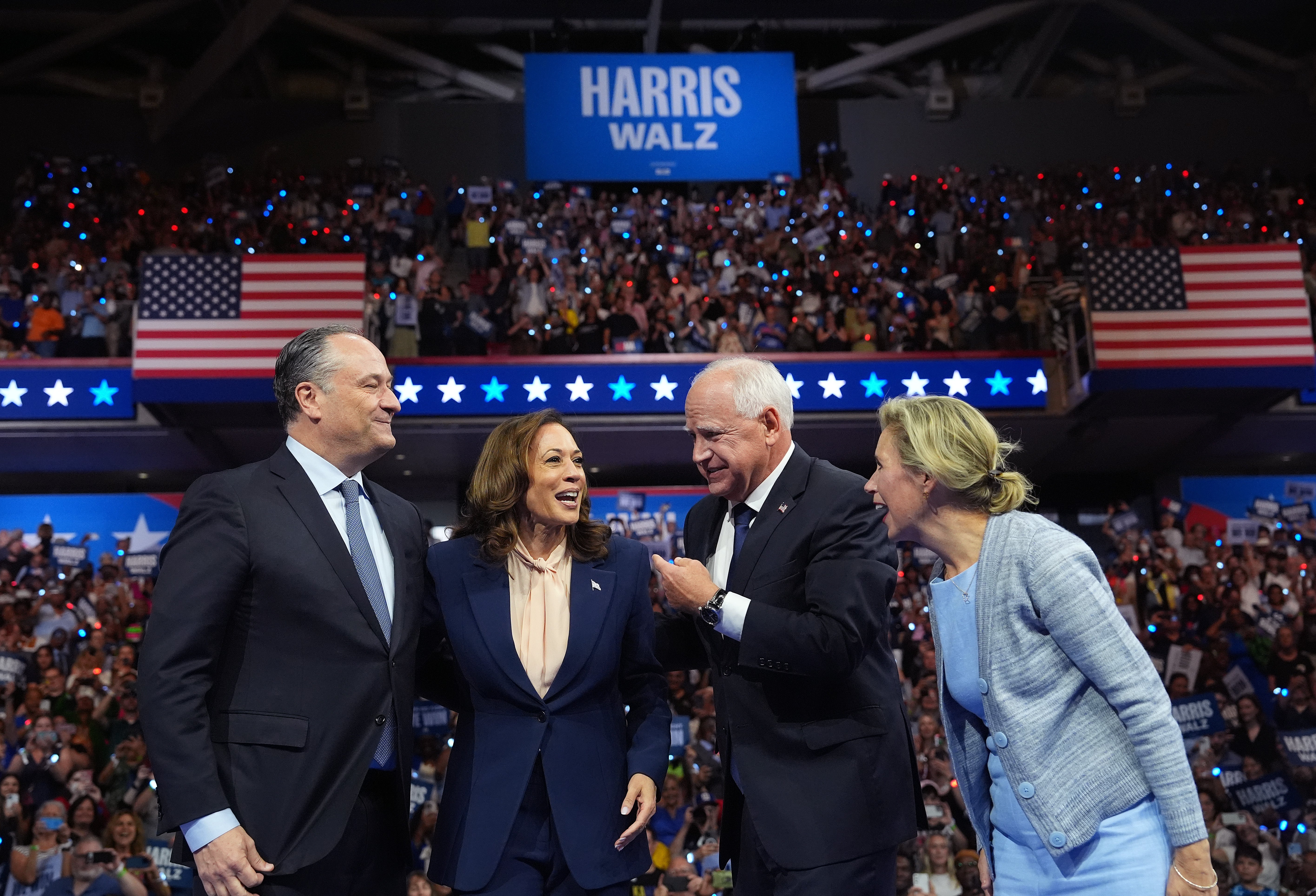 Second Gentleman Doug Emhoff, Vice President Kamala Harris, Tim Walz and his wife Gwen Walz on stage earlier this month in Philadelphia after Walz was announced as part of the Democratic ticket for the White House.