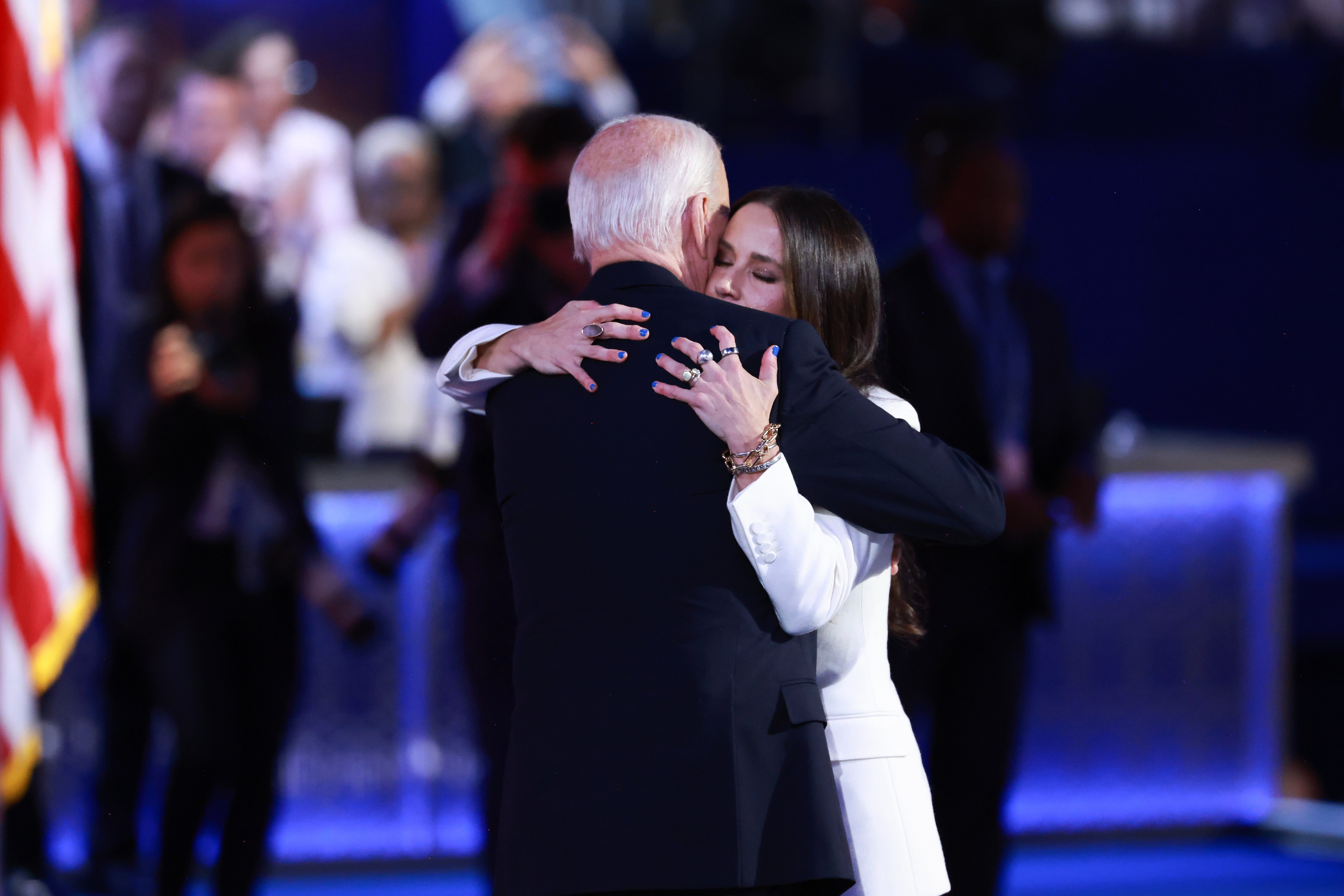 First Daughter Ashley Biden and President Joe Biden embrace onstage at the Democratic National Convention in Chicago on August 19.