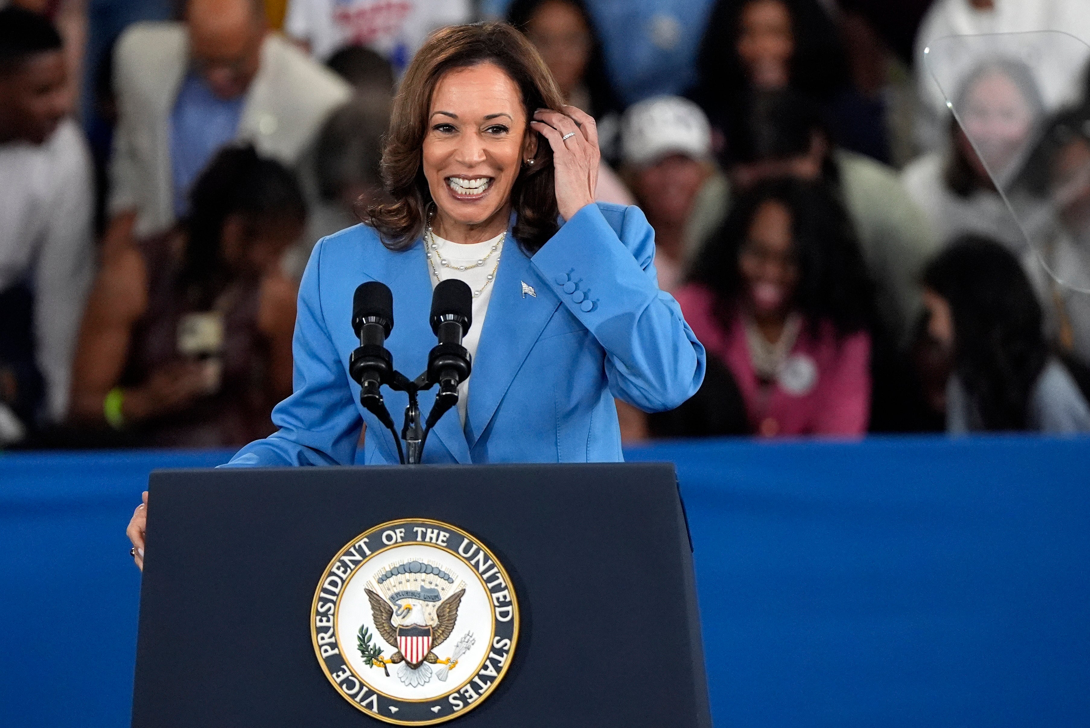 Harris speaks at a campaign event at Hendrick Center for Automotive Excellence on the Scott Northern Wake Campus of Wake Tech Community College in Raleigh, North Carolina on August 16