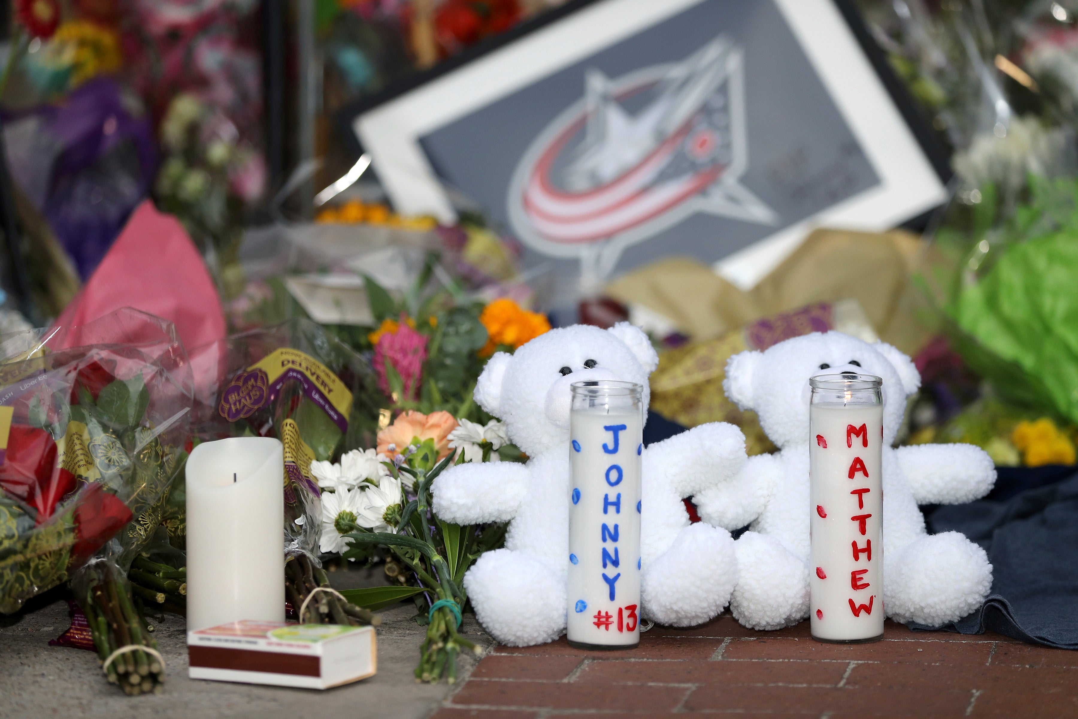 A memorial is set up by fans for Blue Jackets hockey player Johnny Gaudreau in Columbus, Ohio