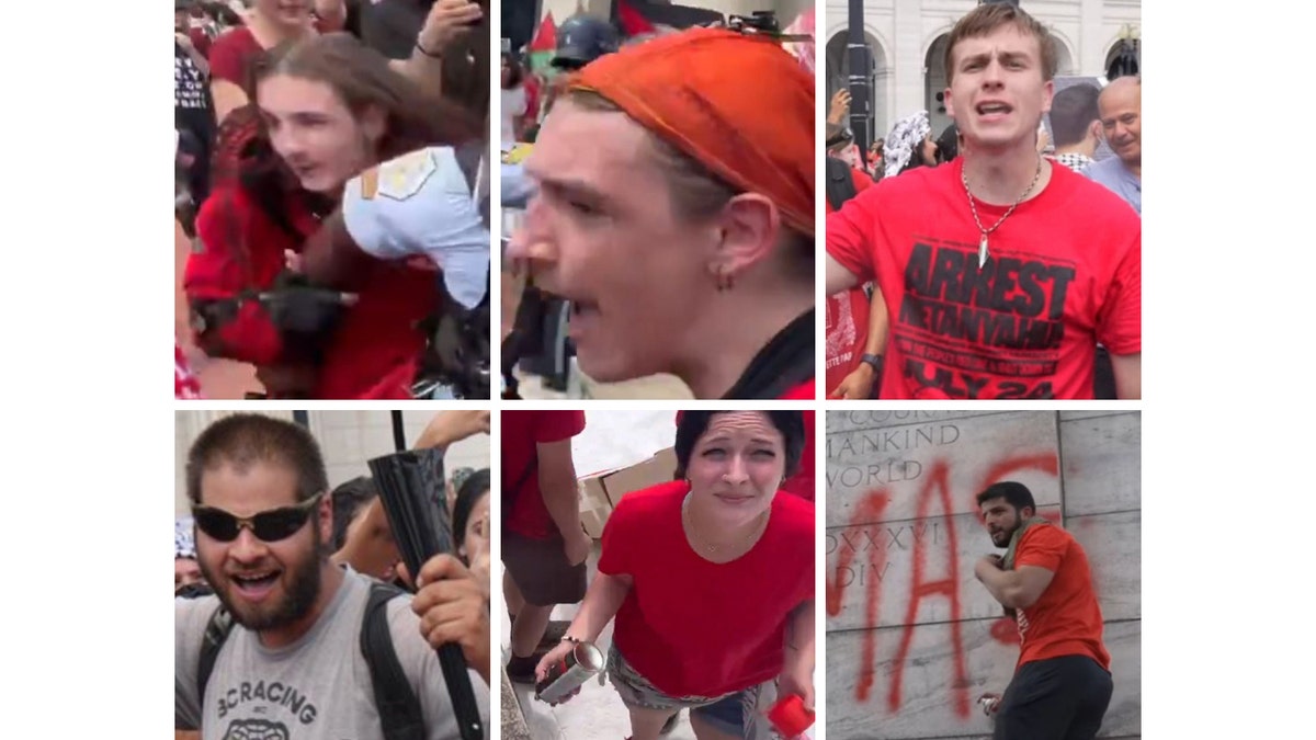 A compilation of images showing six individuals suspected of vandalism and assaulted a police officer during an anti-Israel protest in Washington DC