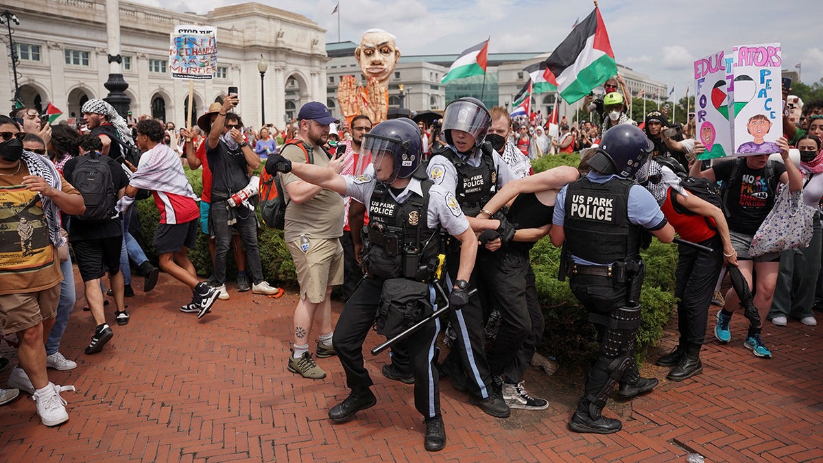 U.S. Park Police officers react while removing a handcuffed demonstrator at a pro-Palestinian protest