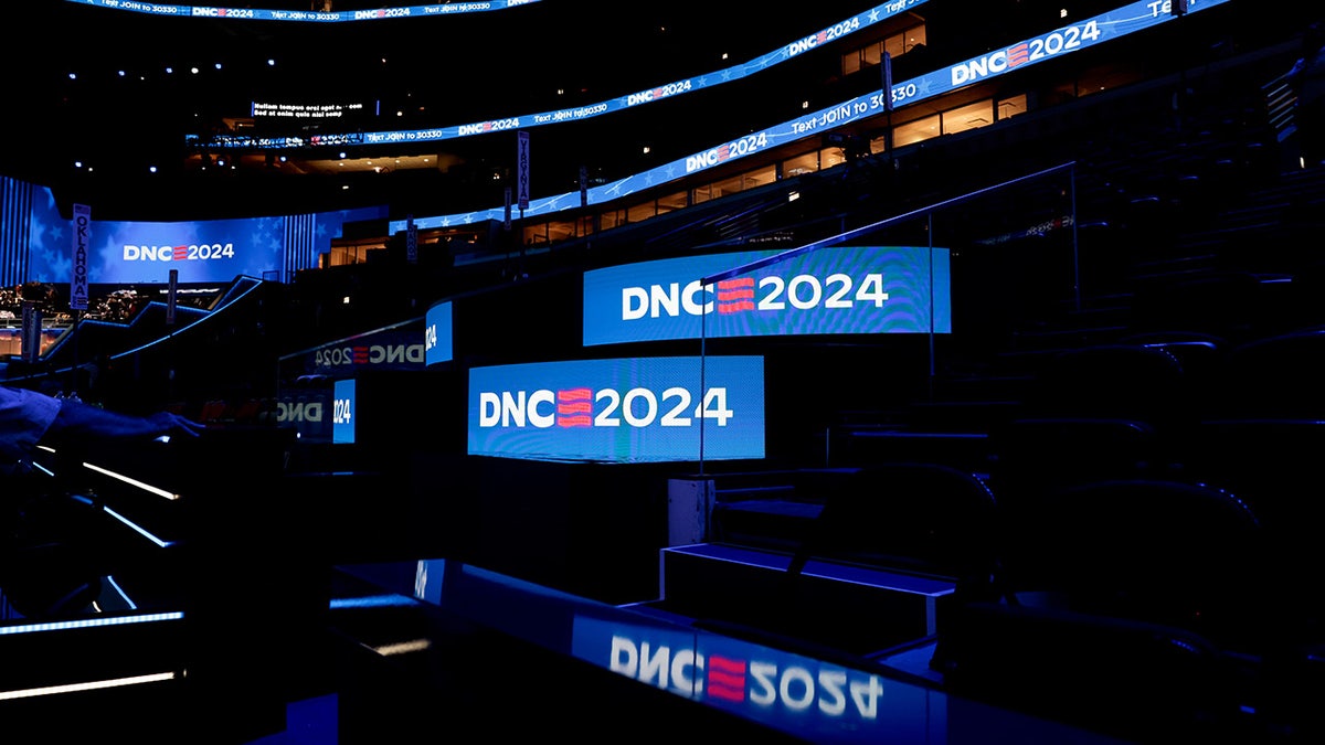 Signage at the United Center ahead of the Democratic National Convention