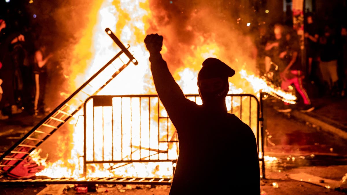 A protester raises a fist near a fire