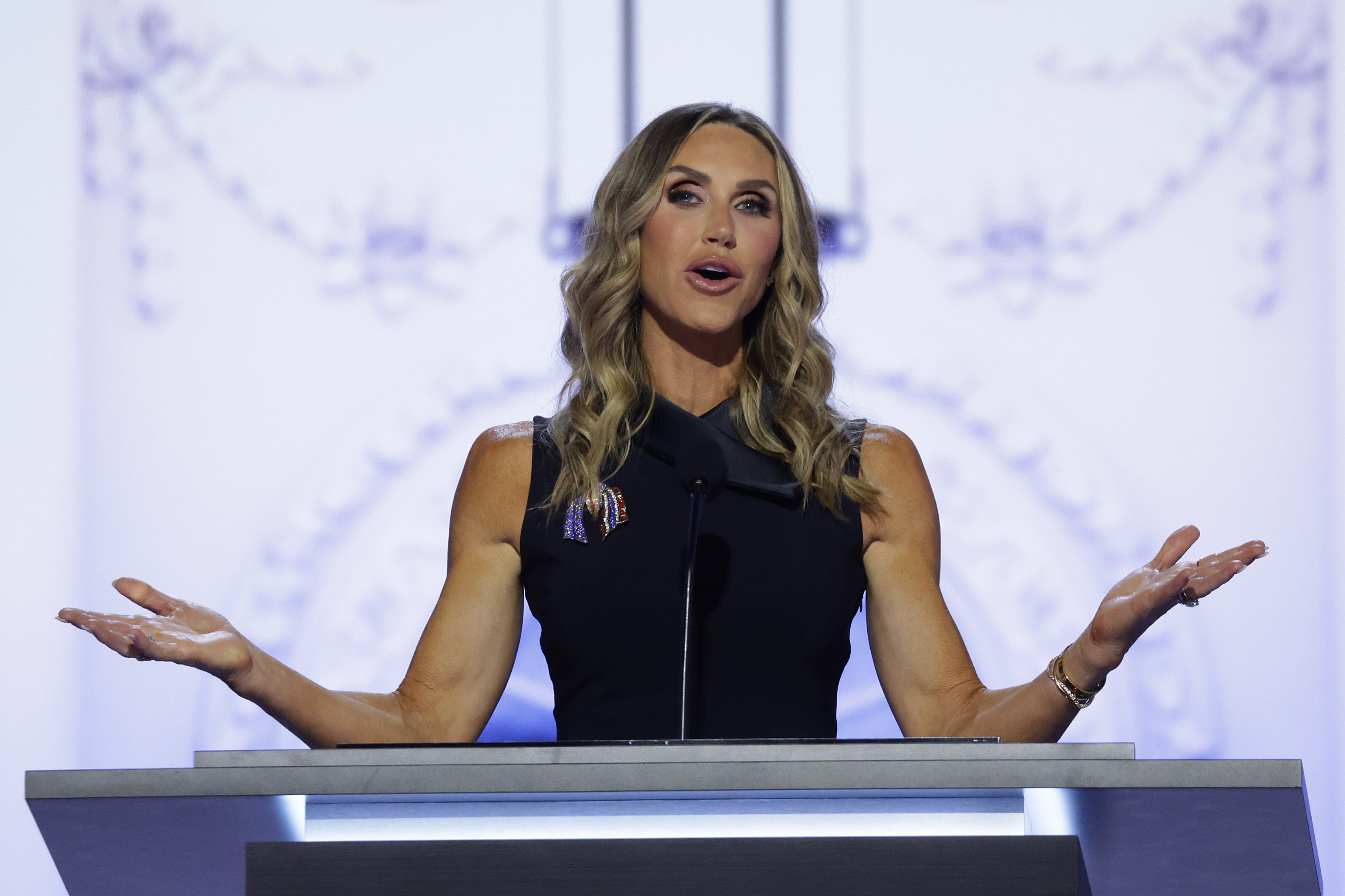 Republican National Committee co-chair Lara Trump speaks on stage on the second day of the Republican National Convention at the Fiserv Forum on July 16 in Milwaukee, Wisconsin