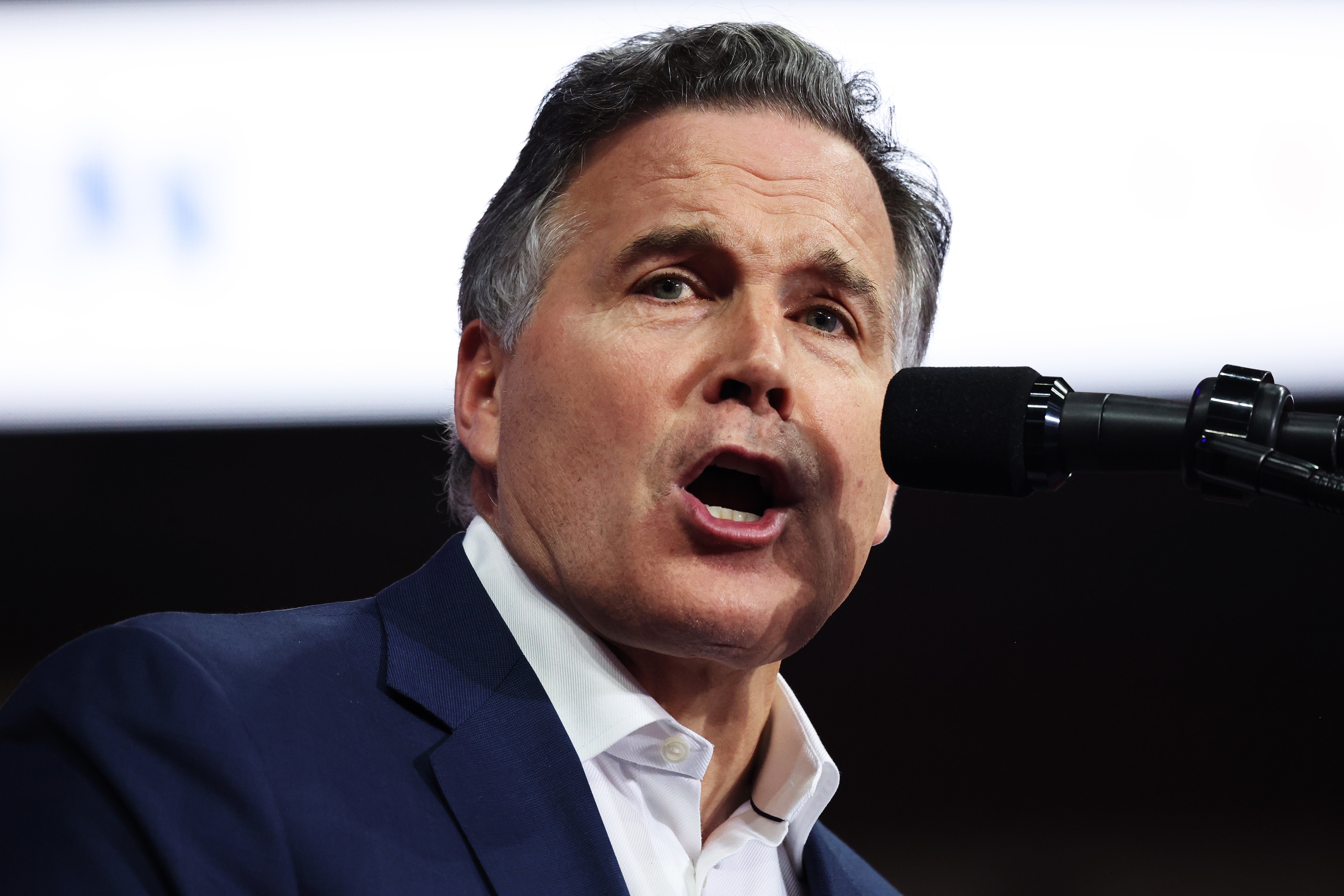 US Republican Senate candidate for Pennsylvania Dave McCormick speaks during a Republican Presidential Candidate former US President Donald Trump campaign rally at Mohegan Sun Arena at Casey Plaza on August 17, 2024 in Wilkes Barre, Pennsylvania