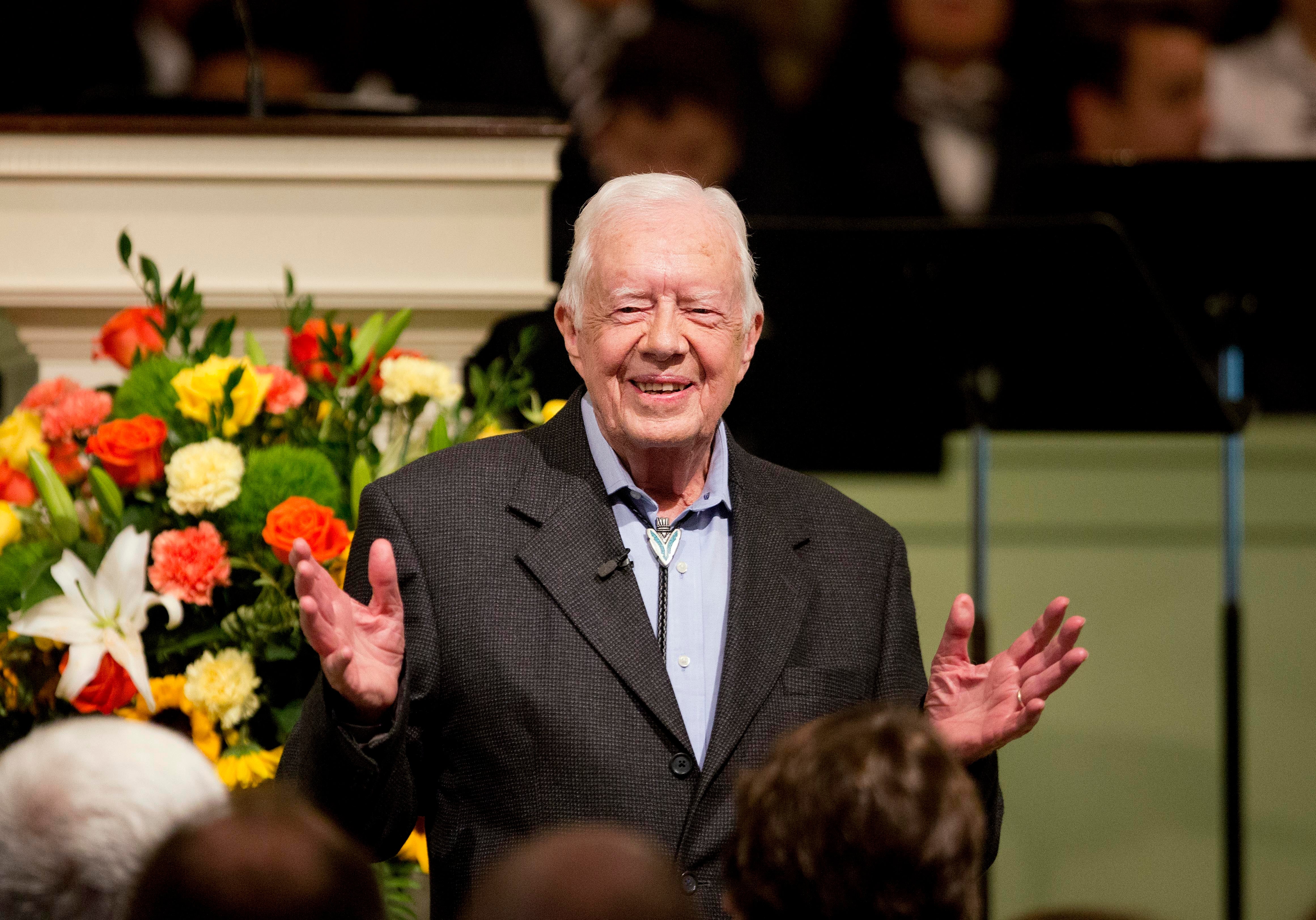 Former president Jimmy Carter teaches Sunday School class at the Maranatha Baptist Church in his hometown of Plains, Georgia on August 23, 2015. President Joe Biden sent Carter a touching message one day ahead of his 100th birthday