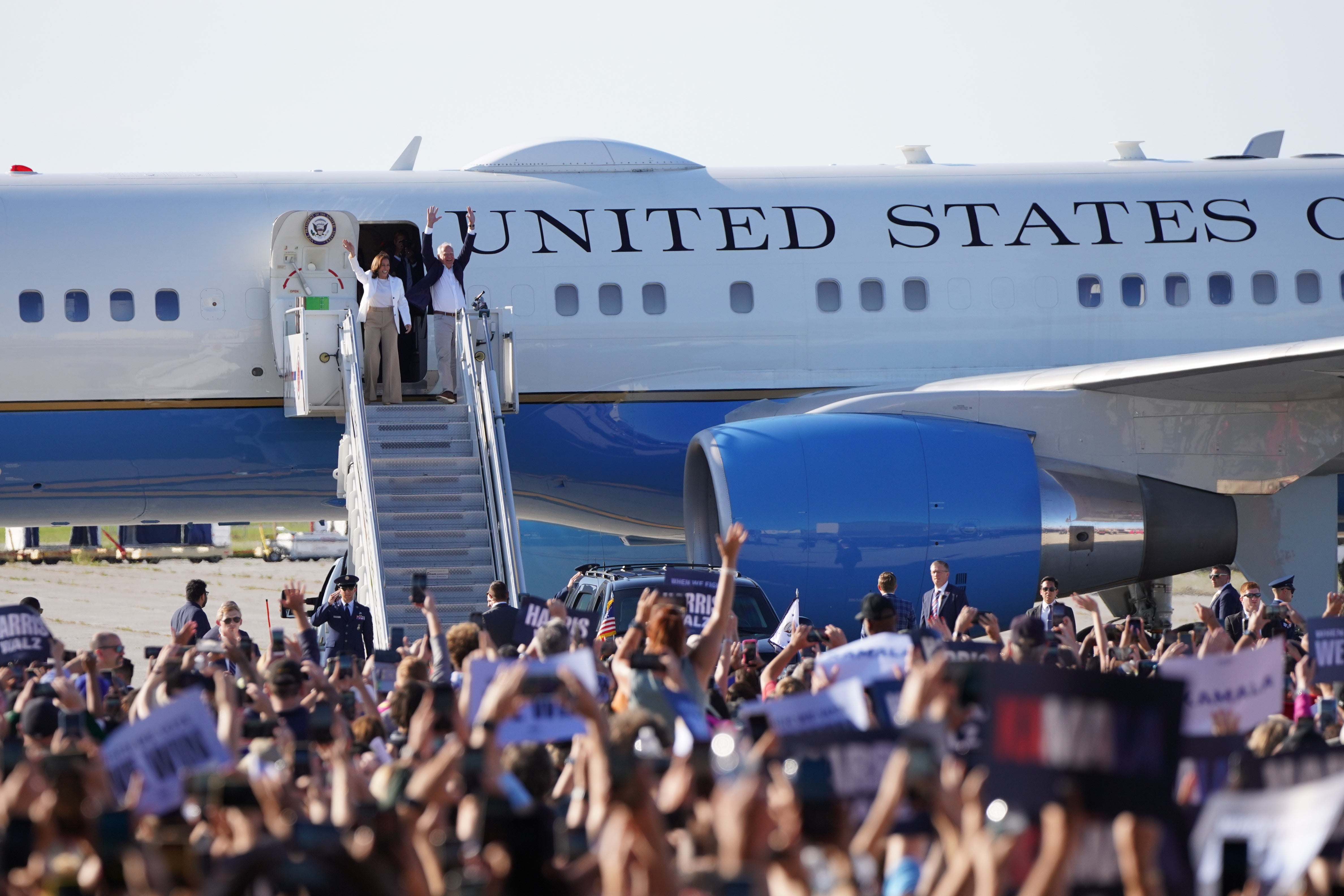 Kamala Harris and her running mate Tim Walz were welcomed by a 15,000 strong crowd in Detroit, the vice president’s campaign team said