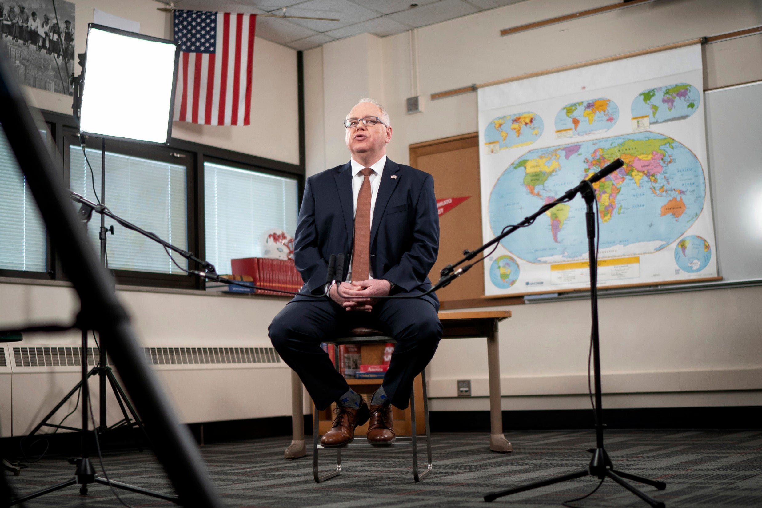 Minnesota Governor Tim Walz giving his State of the State address in 2021, from his old classroom at Mankato West High School.