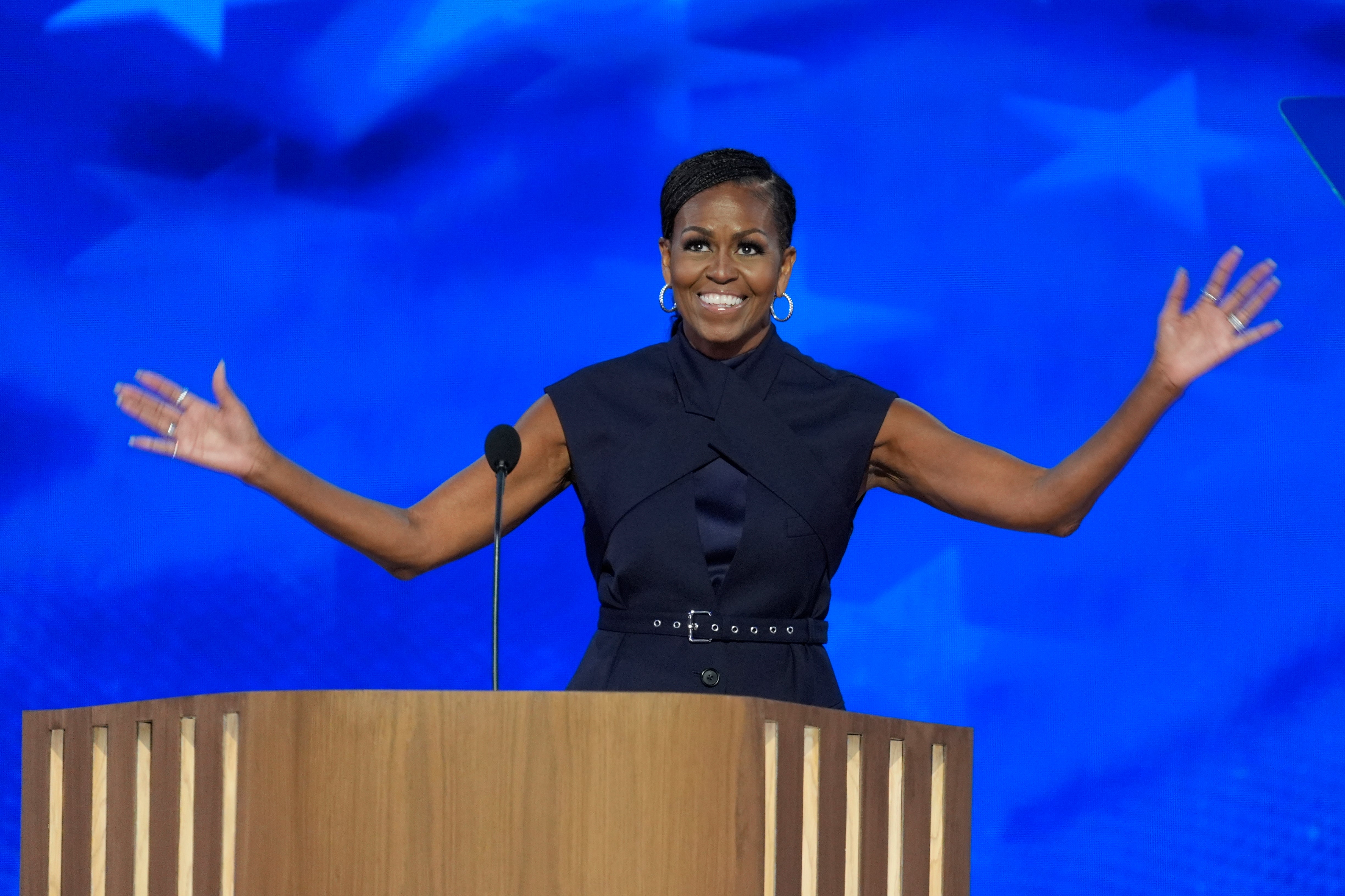 Former first lady Michelle Obama speaking during the Democratic National Convention Tuesday