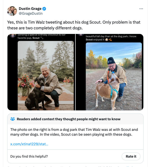 Dustin Grage, a right-wing columnist, posted the images of Walz with the dogs side by side