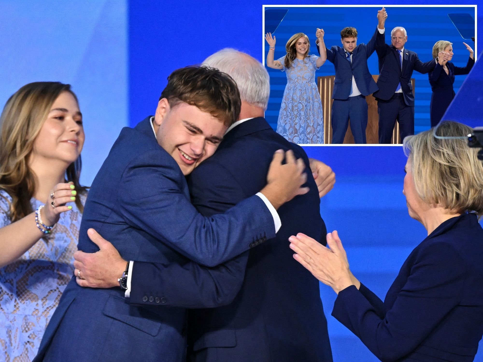 Tim Walz and family on stage at the DNC in Chicago after he accepted the Democratic nomination for vice president