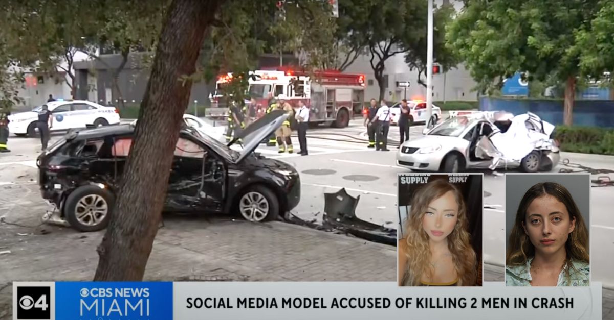 Insets: Maecee Marie Lathers. Background: The scene of the deadly crash Lathers is accused of causing in Miami (WFOR/YouTube).