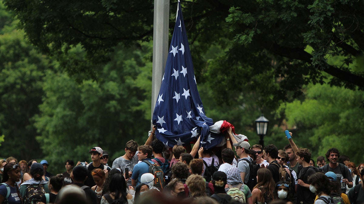 UNC Chapel Hill students hold up the American flag during a campus protest