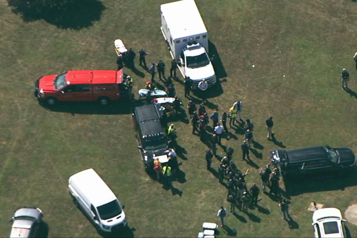 Emergency services swarm the scene at Apalachee High School in Barrow County, in Georgia, on Wednesday morning during the active shooter situation