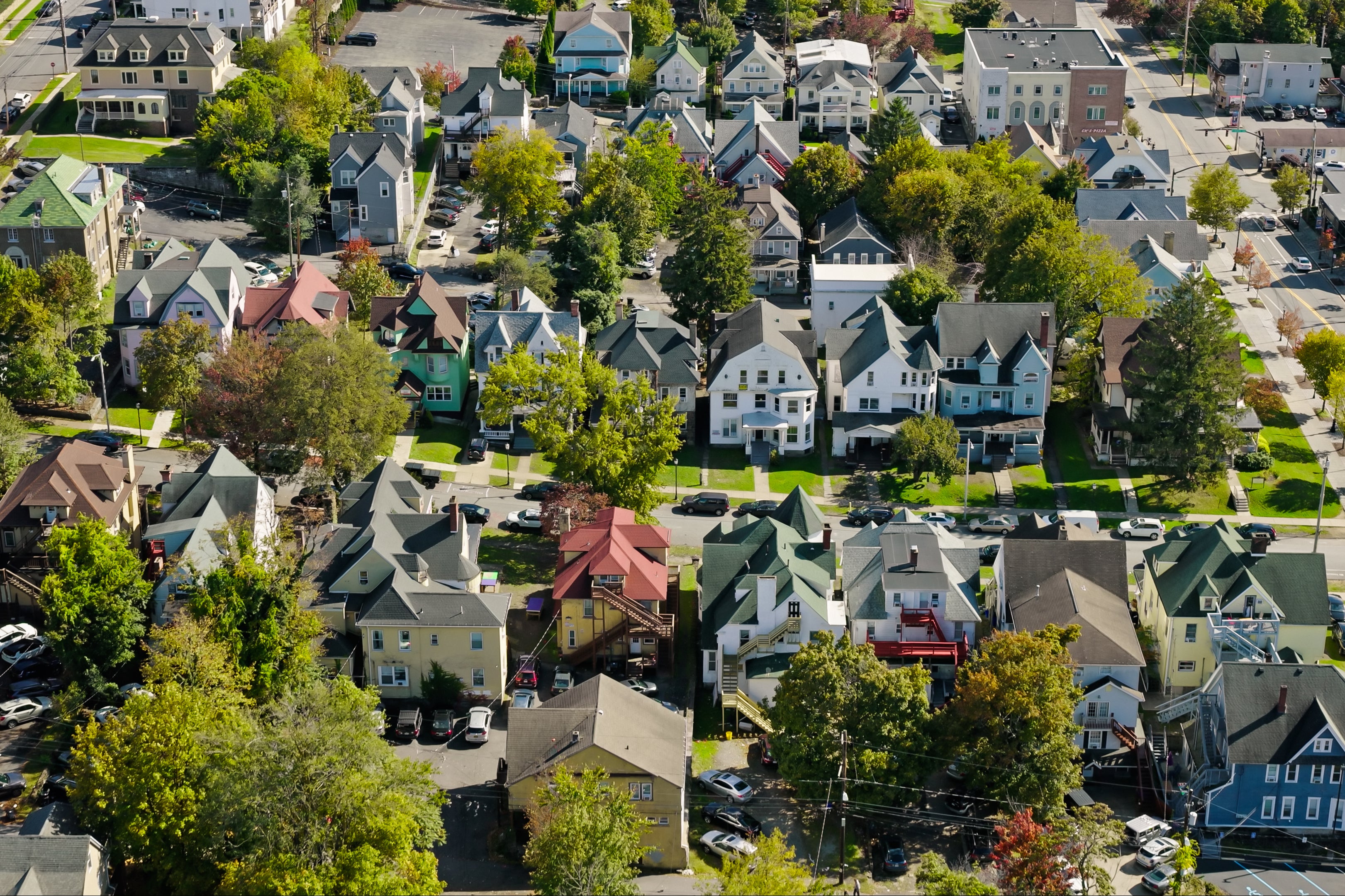 Aerial view of Scranton on Fall day. Scranton, located in Lackawanna County in northeastern Pennsylvania, is known as the "Electric City" for early adoption of electric streetcars. Historically, it thrived in coal and iron industries.