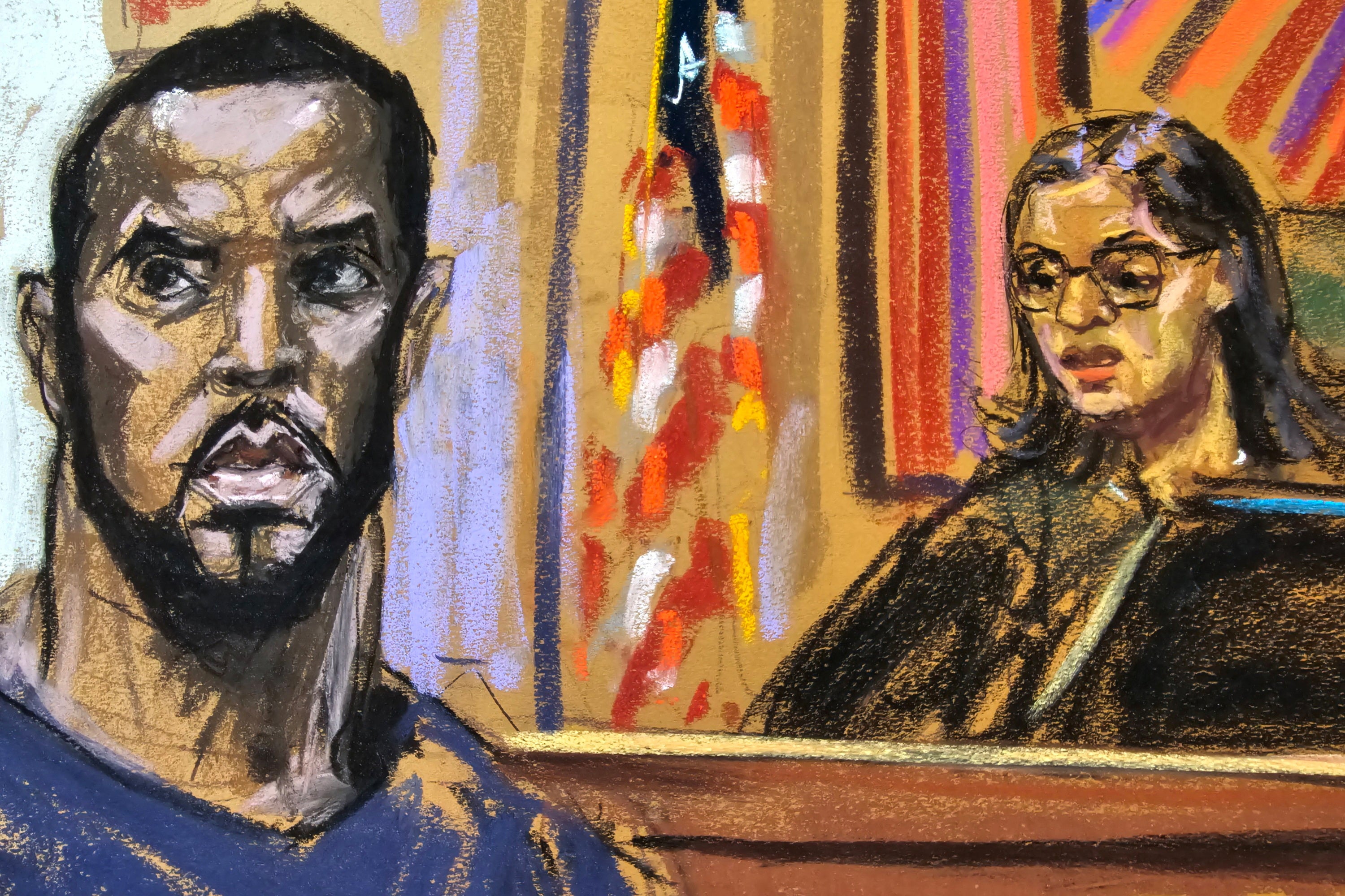 A courtroom sketch shows Sean ‘Diddy’ Combs appearing in a New York federal courthouse after being charged for sex trafficking, racketeering and transportation to engage in prostitution