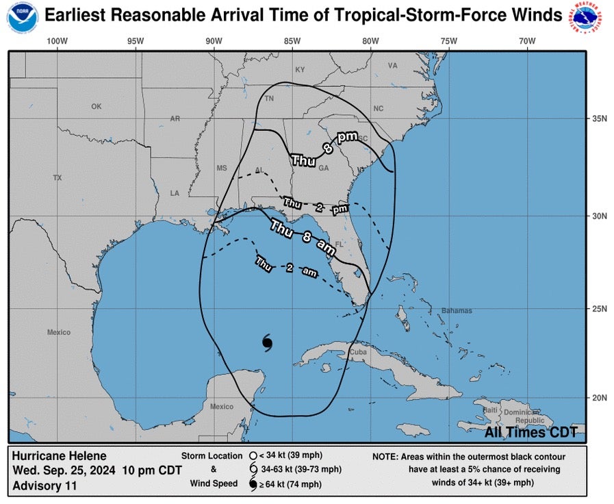 Winds from Hurricane Helene are expected to chart path all the way up to Georgia as early as Thursday evening