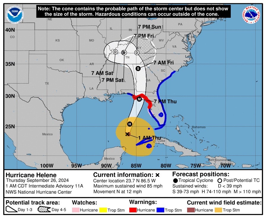 Hurricane Helene is expected to make landfall in Florida late on Thursday, then turn northwards and travel through Georgia and Tennessee