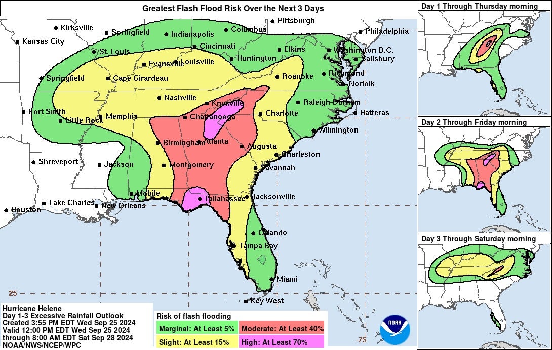 A map of flash flooding potential from Hurricane Helene