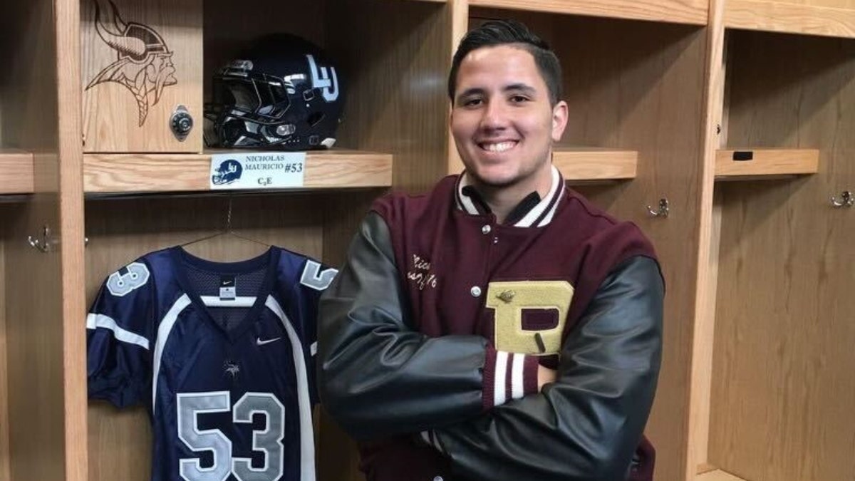 Nicholas Mauricio wears a letterman jacket in high school