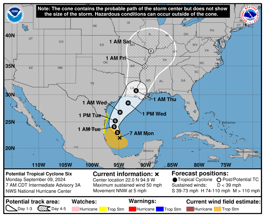 A map shows the forecast path of a storm system that is expected to become Tropical Storm Francine on Monday. The tropical cyclone is moving north near the western Gulf of Mexico coast, according to the National Weather Service. The agency says it is forecast to strengthen into a hurricane later this week.