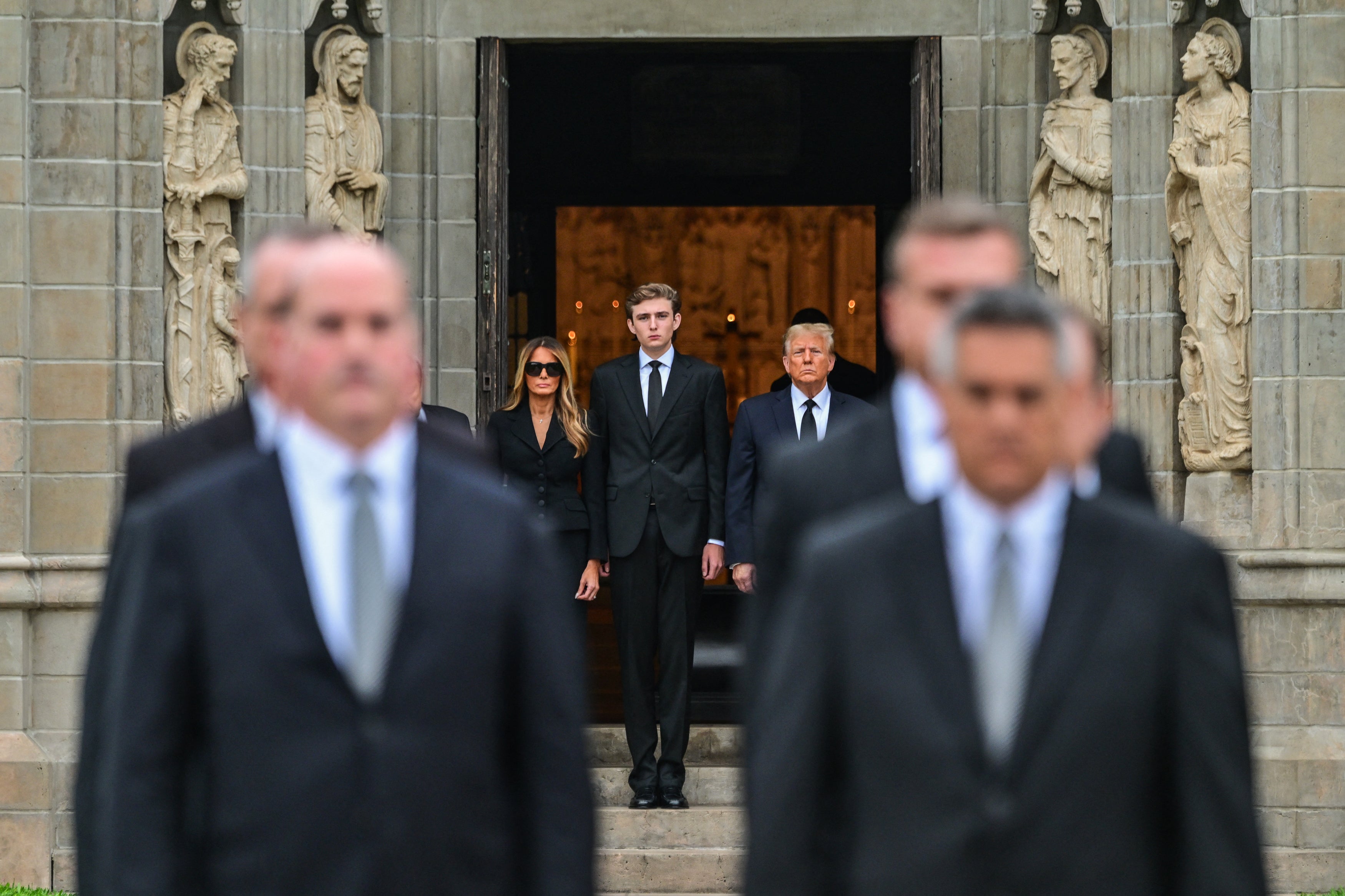 Barron Trump with his parents, Melania and Donald Trump, in January at his maternal grandmother’s funeral earlier this year. The 18-year-old graduated from a prestigious private school in Florida earlier this year