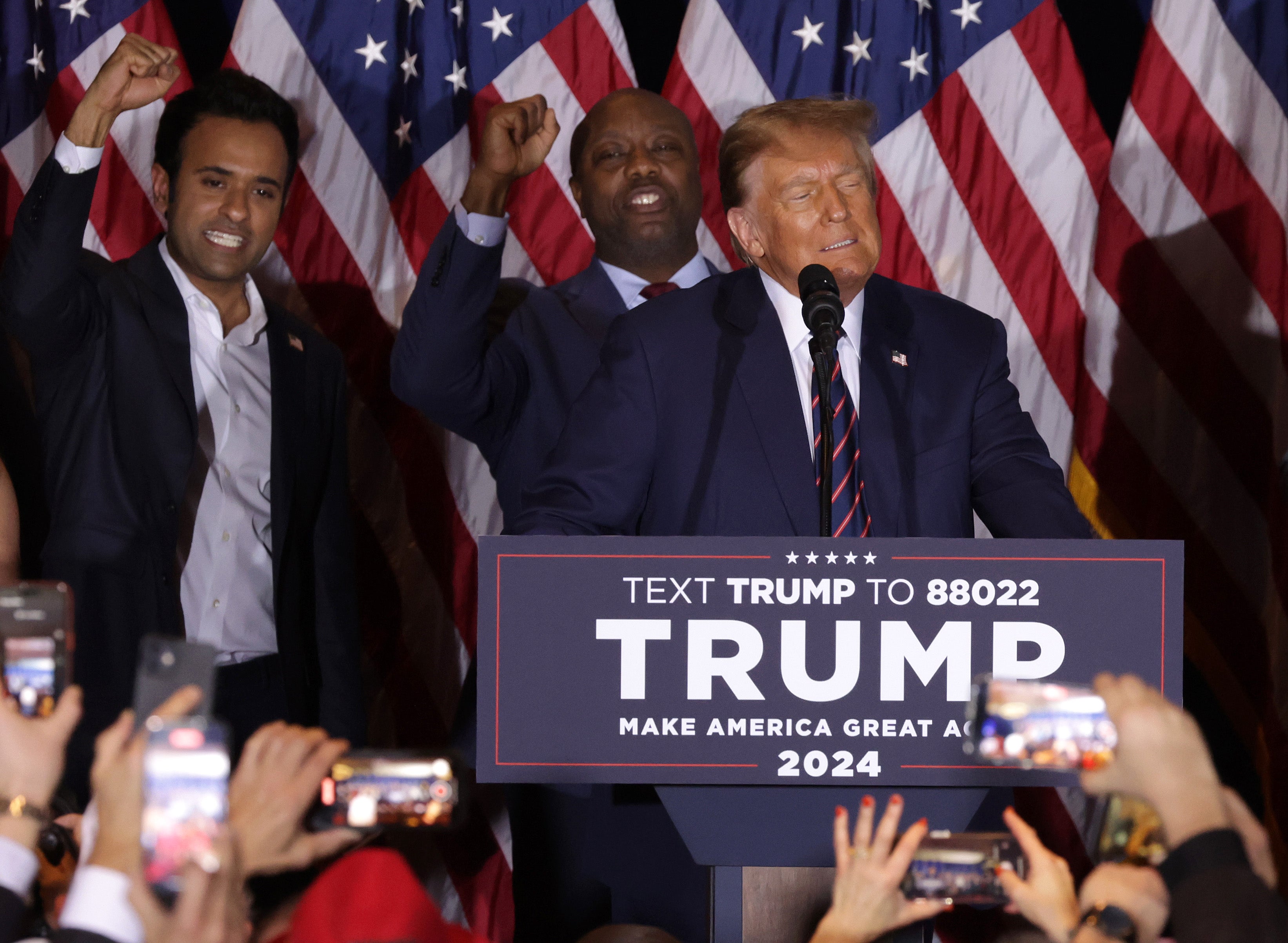 Donald Trump speaking during his primary night rally in Nashua back in January