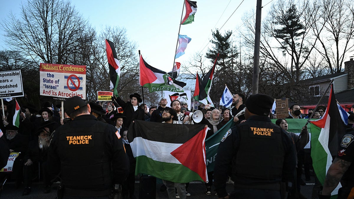 Police monitor an anti-Israel protest in New Jersey