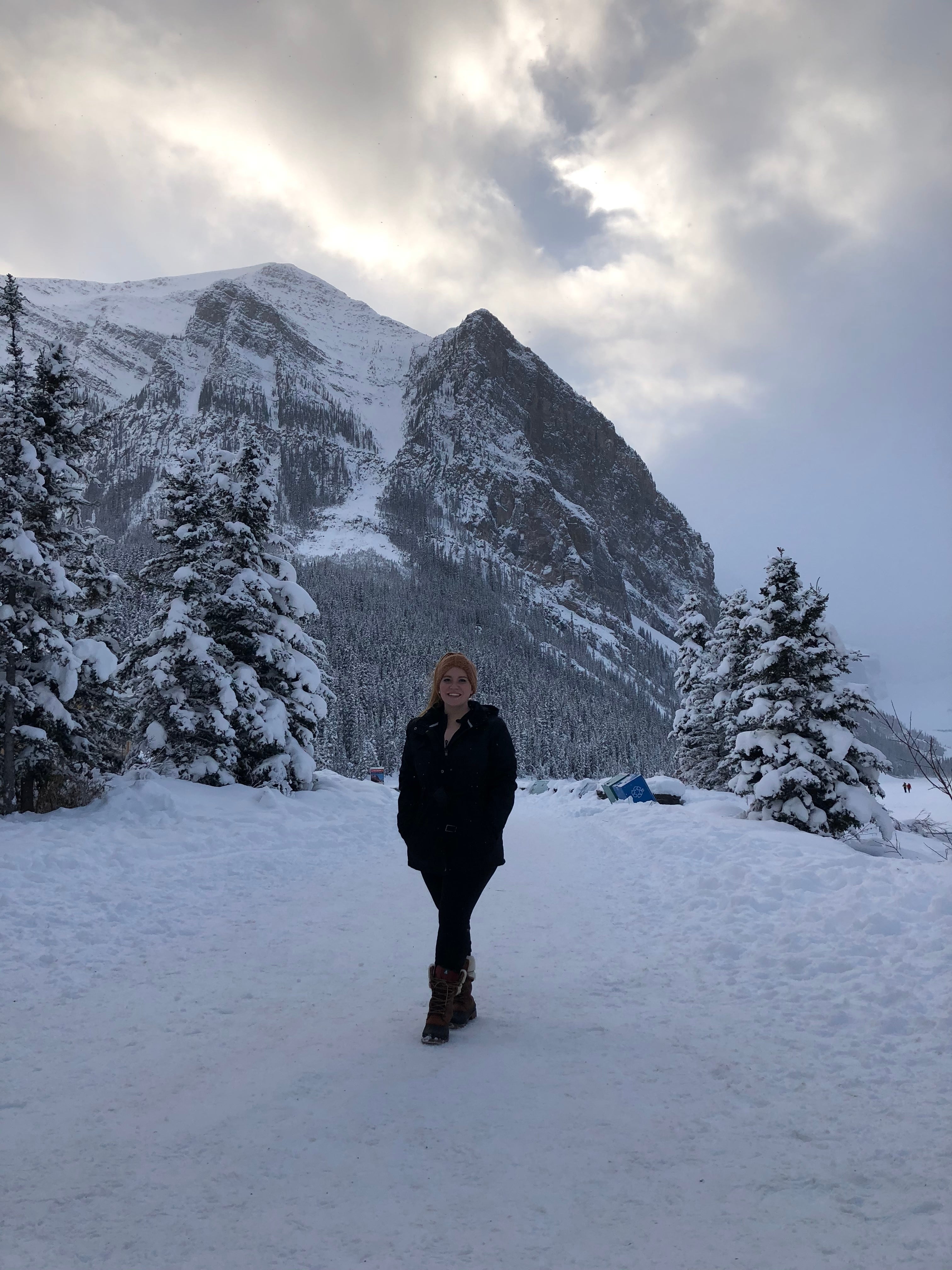 Jennifer Lee posing near Lake Louise in Canada in 2023