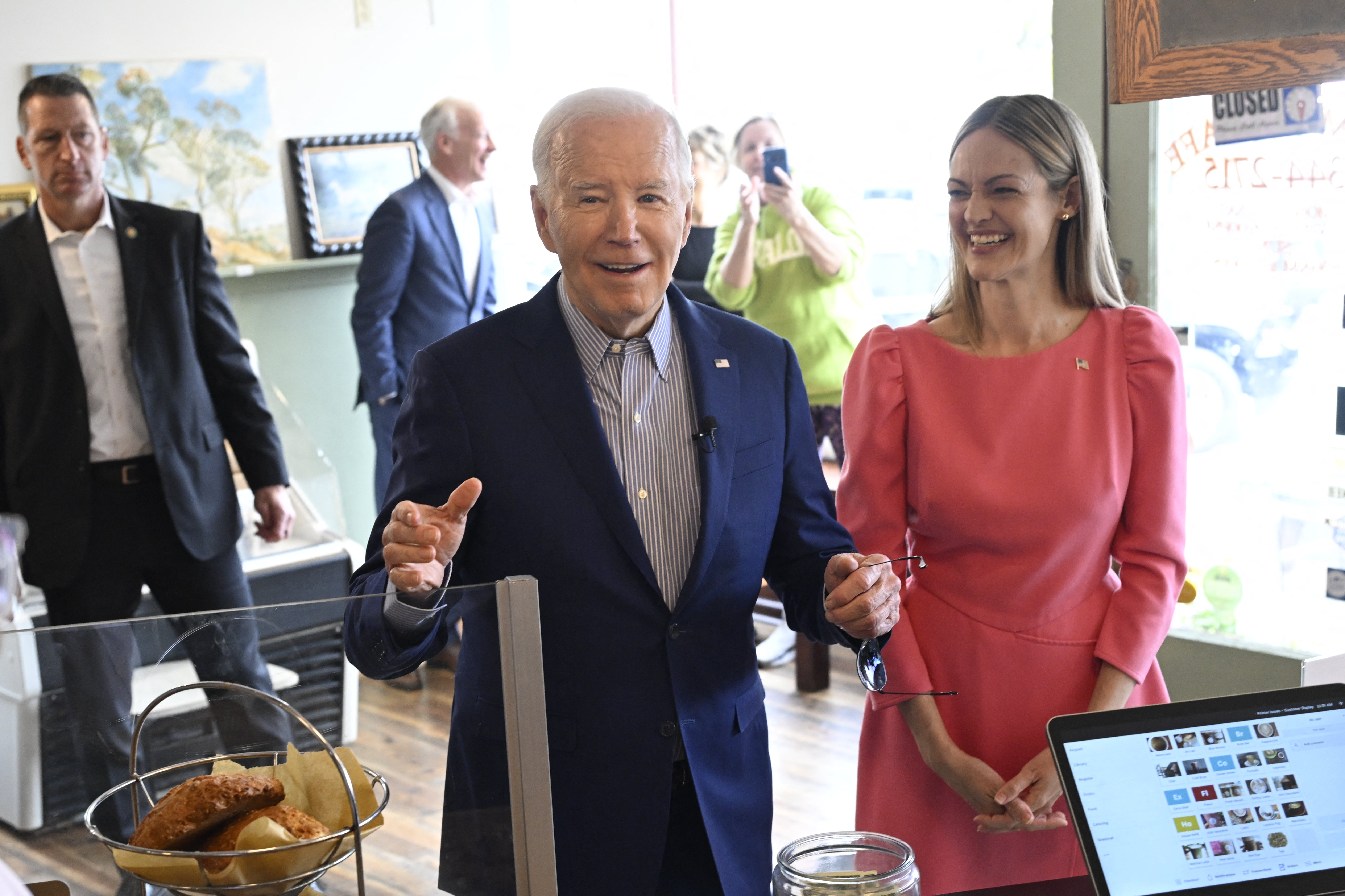 US President Joe Biden visits Zummo's Cafe with Scranton, Pennsylvania, Mayor Paige Cognetti before departing for Pittsburgh, on April 17, 2024.