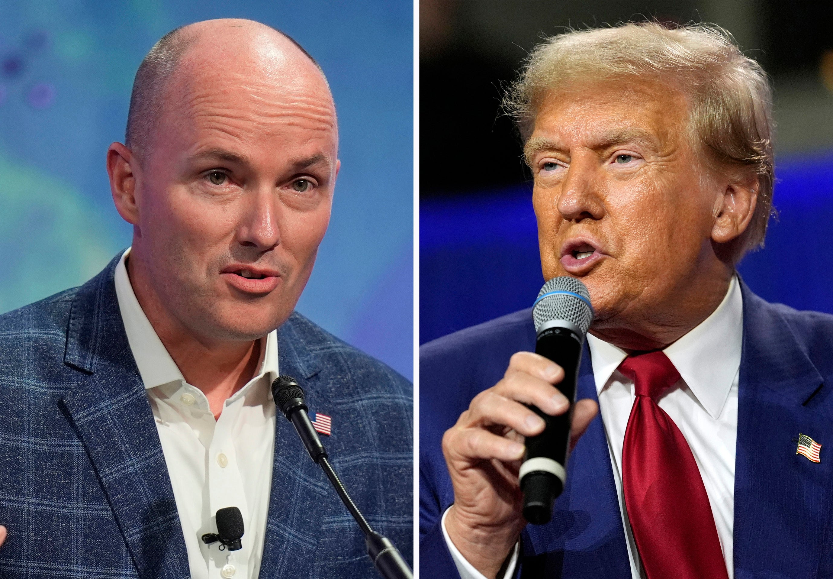 In this combination photo, Utah Gov Spencer Cox speaks at the National Governors Association, July 11, 2024, in Salt Lake City, left, and Republican presidential nominee former President Donald Trump speaks during a town hall, August 29, 2024, in La Crosse, Wisconsin