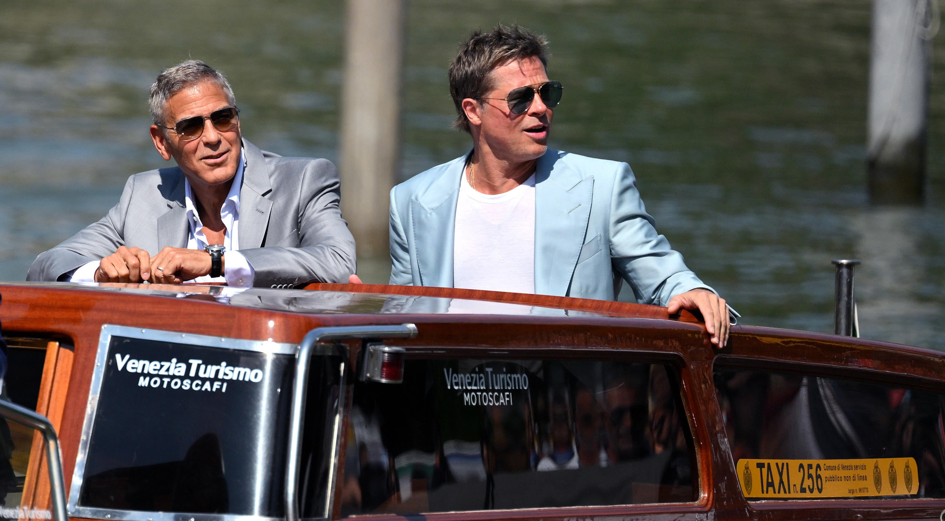 George Clooney and Brad Pitt arrive at the Lido Beach for the Venice International Film Festival on September 1, 2024