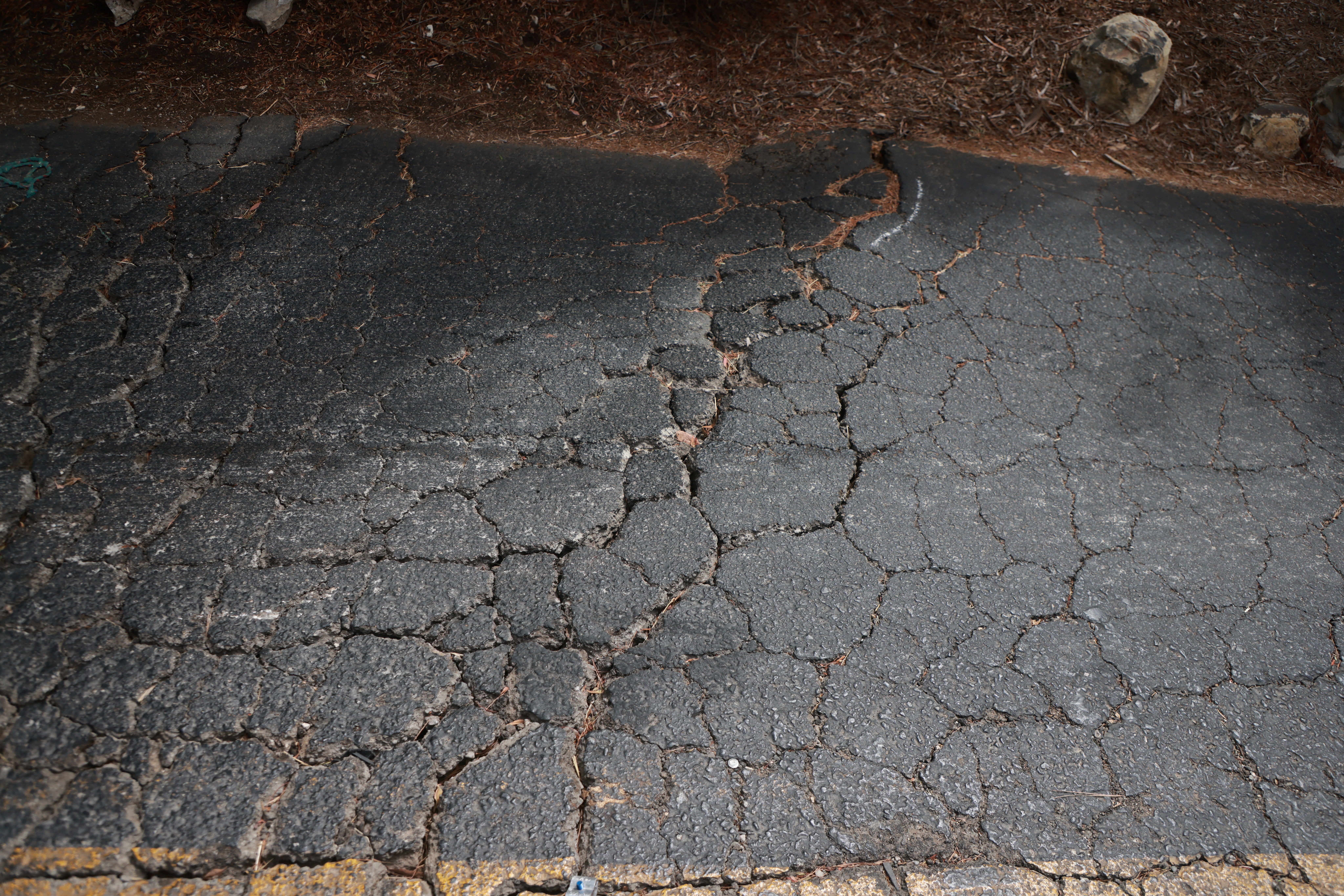 Cracked pavement in the Portuguese Bend neighborhood of Rancho Palos Verdes shows the severity of the landslide situation in the area