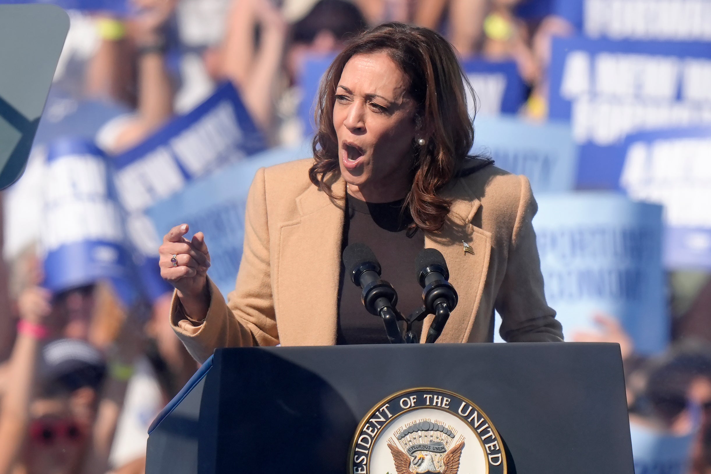 Kamala Harris speaks at a campaign stop in New Hampshire as she presses her newfound polling advantage