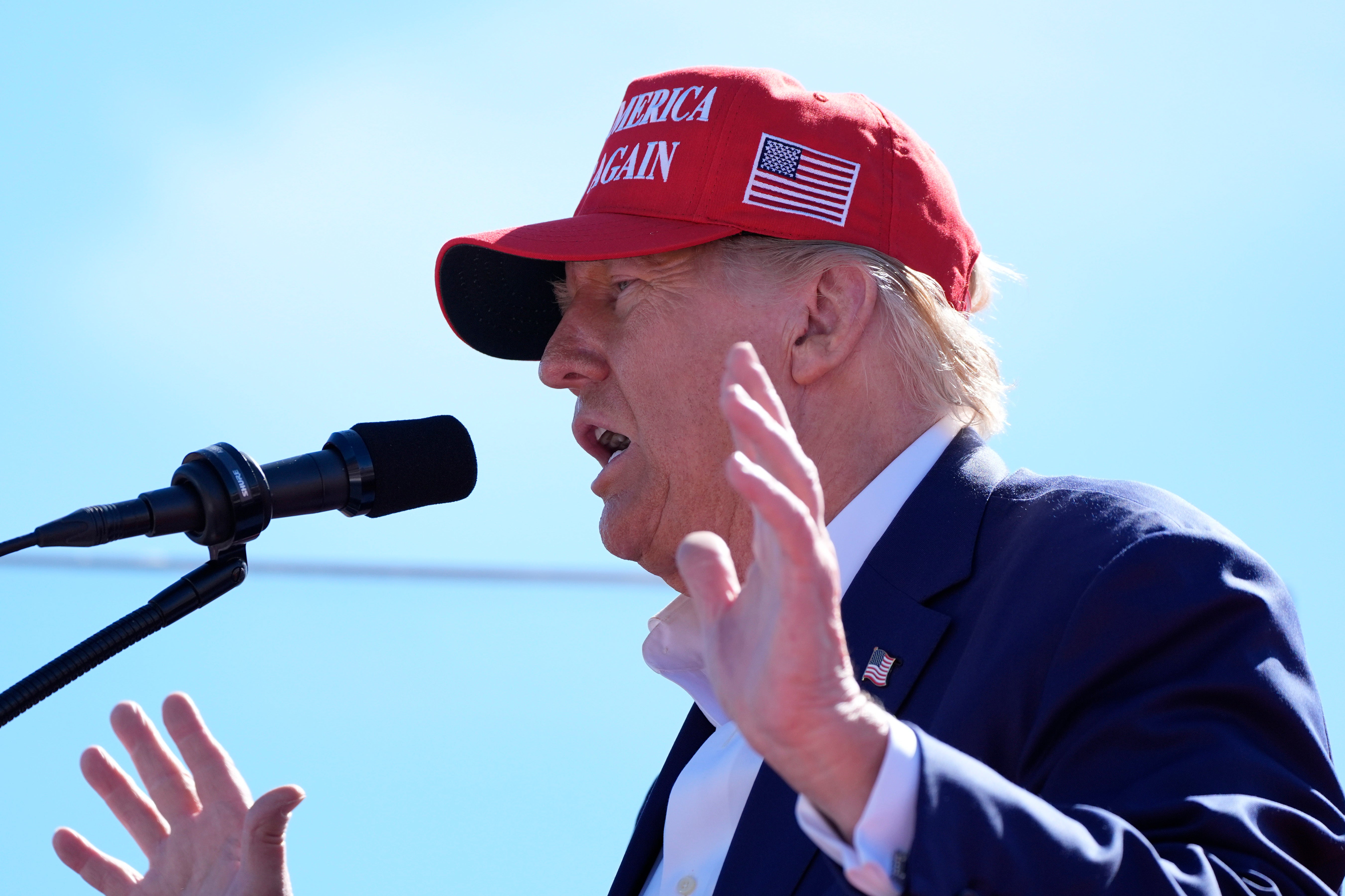 Donald Trump speaks during a campaign event at Central Wisconsin Airport, in Mosinee, Wisconsin