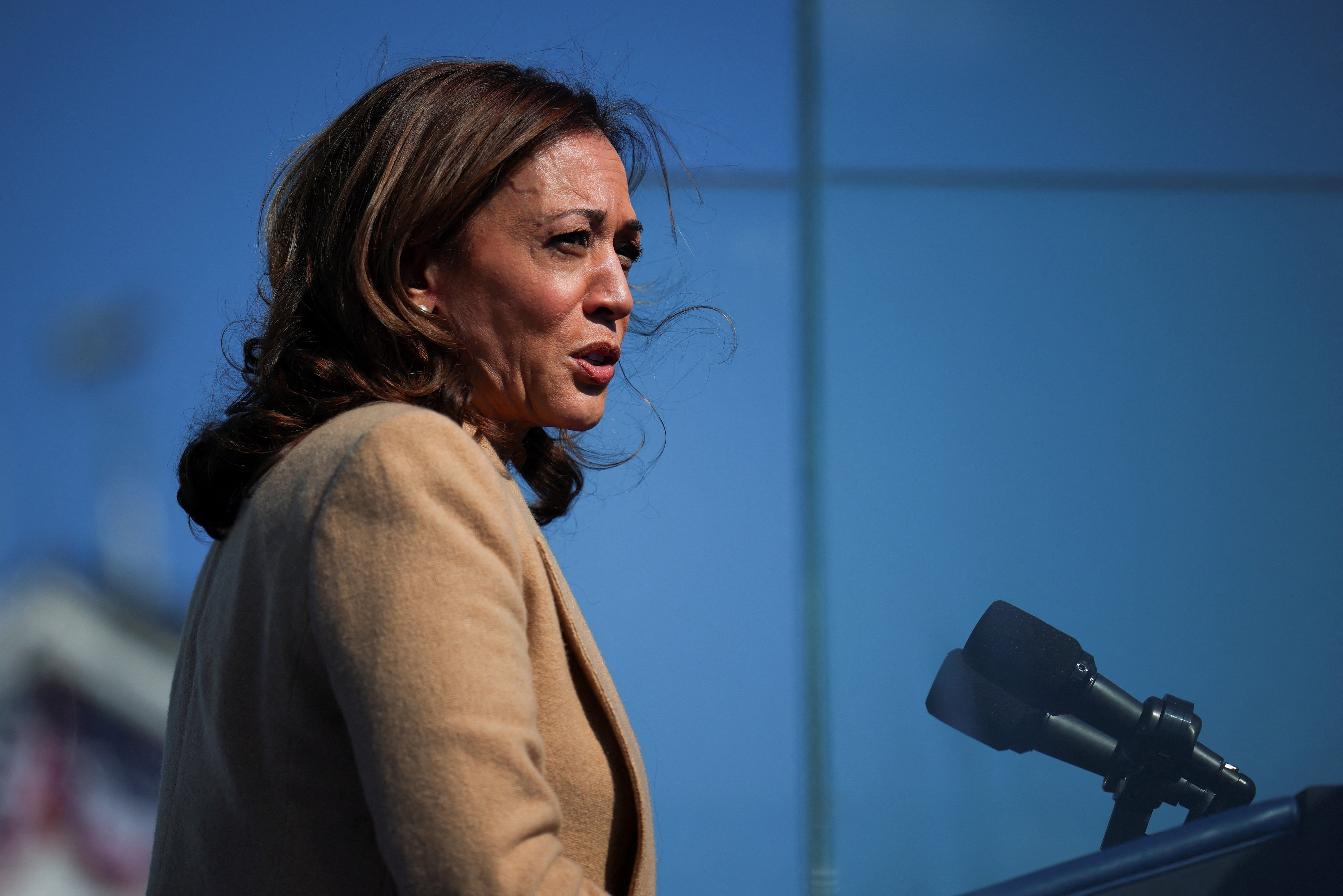 Democratic presidential nominee and U.S. Vice President Kamala Harris speaks during a campaign stop in North Hampton, New Hampshire, U.S. September 4, 2024. An ACLU questionnaire from 2019 has revealed a number of her previous more progressive stances