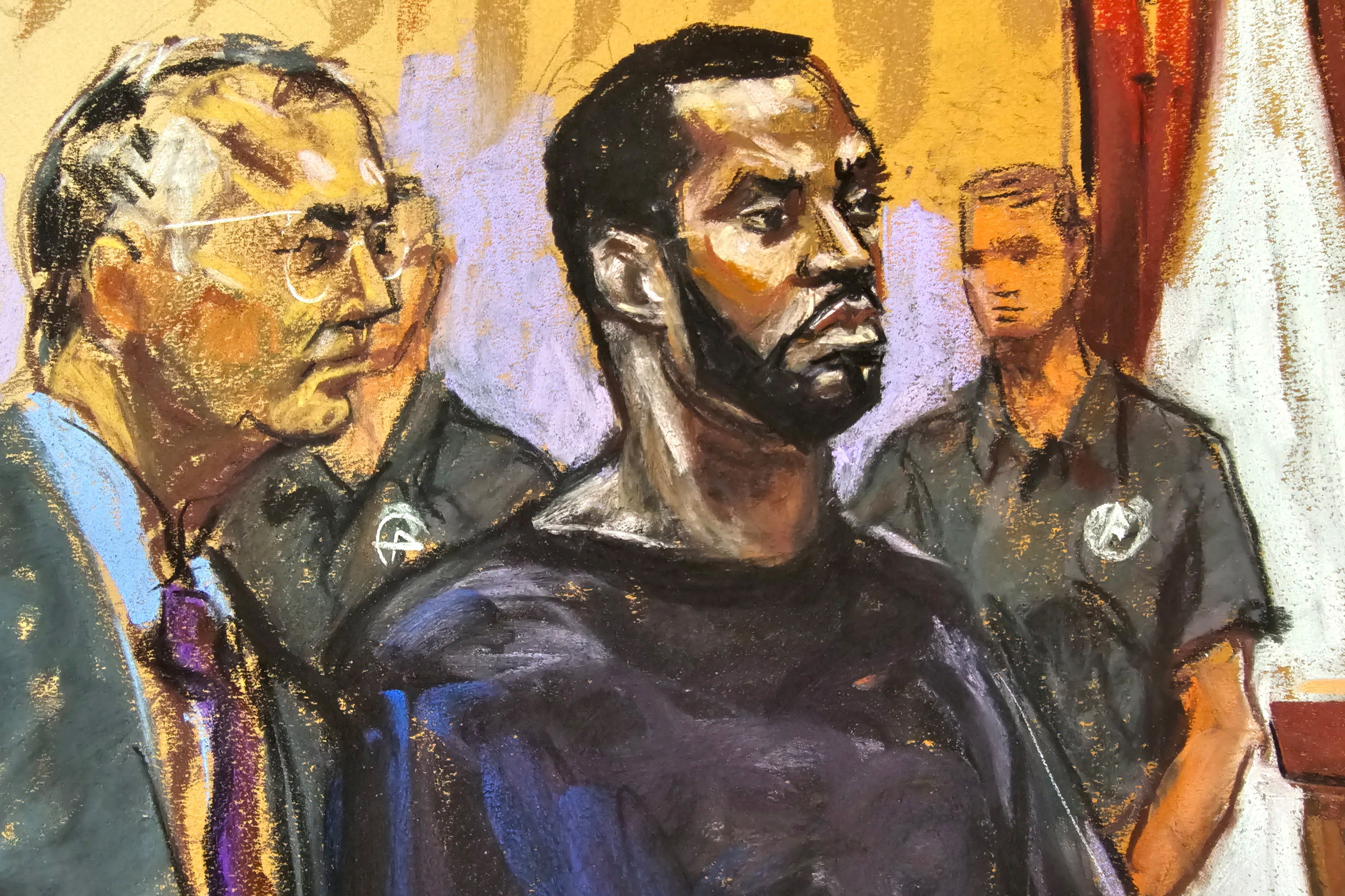 A courtroom sketch shows Combs appearing before a judge where he pleaded not guilty to three federal crimes