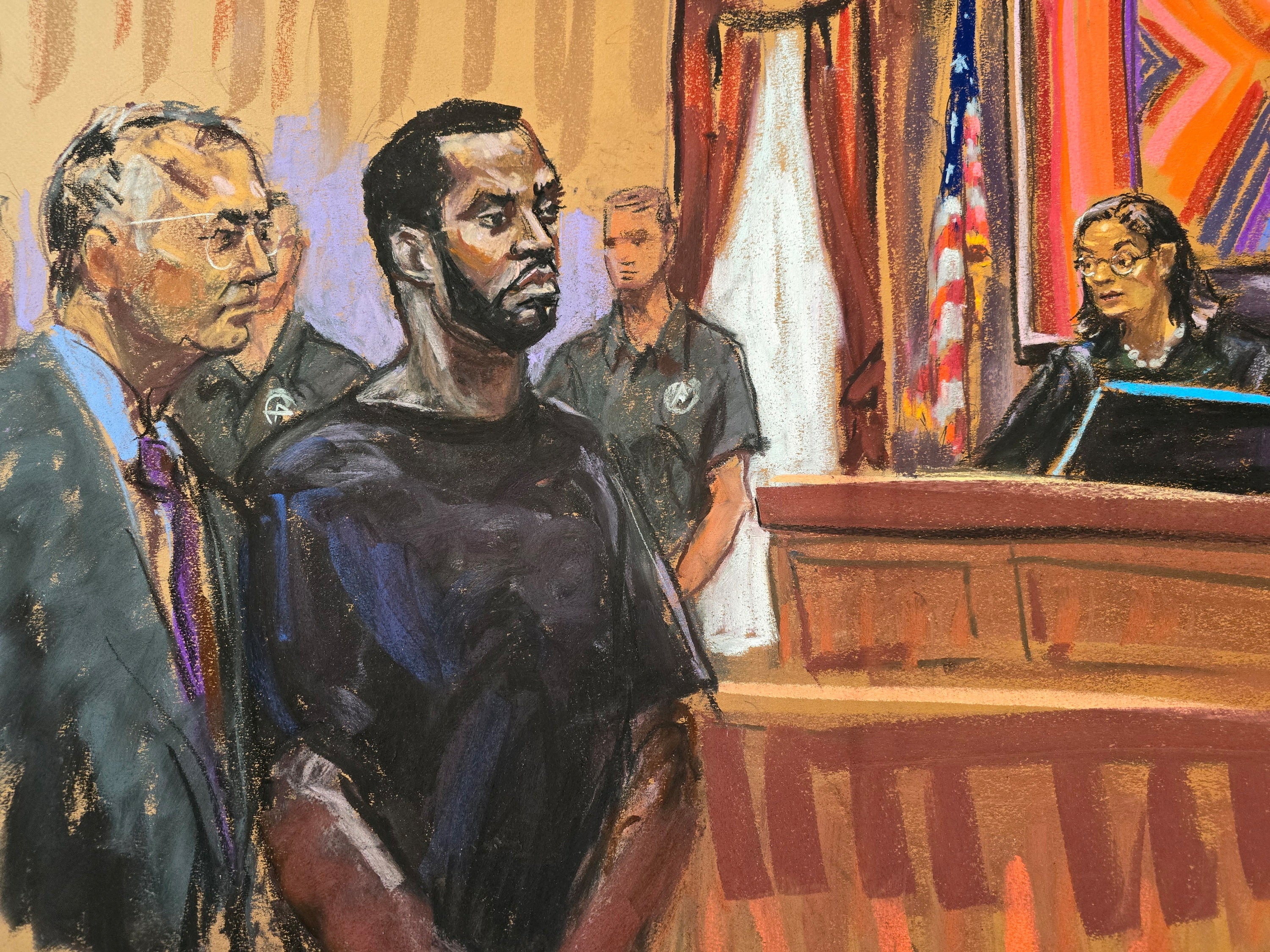 Sean ‘Diddy’ Combs and his defense lawyer Marc Agnifilo stand before US Magistrate Judge Robyn Tarnofsky at Manhattan federal court on Tuesday for his arraignment on three federal charges related to sex crimes