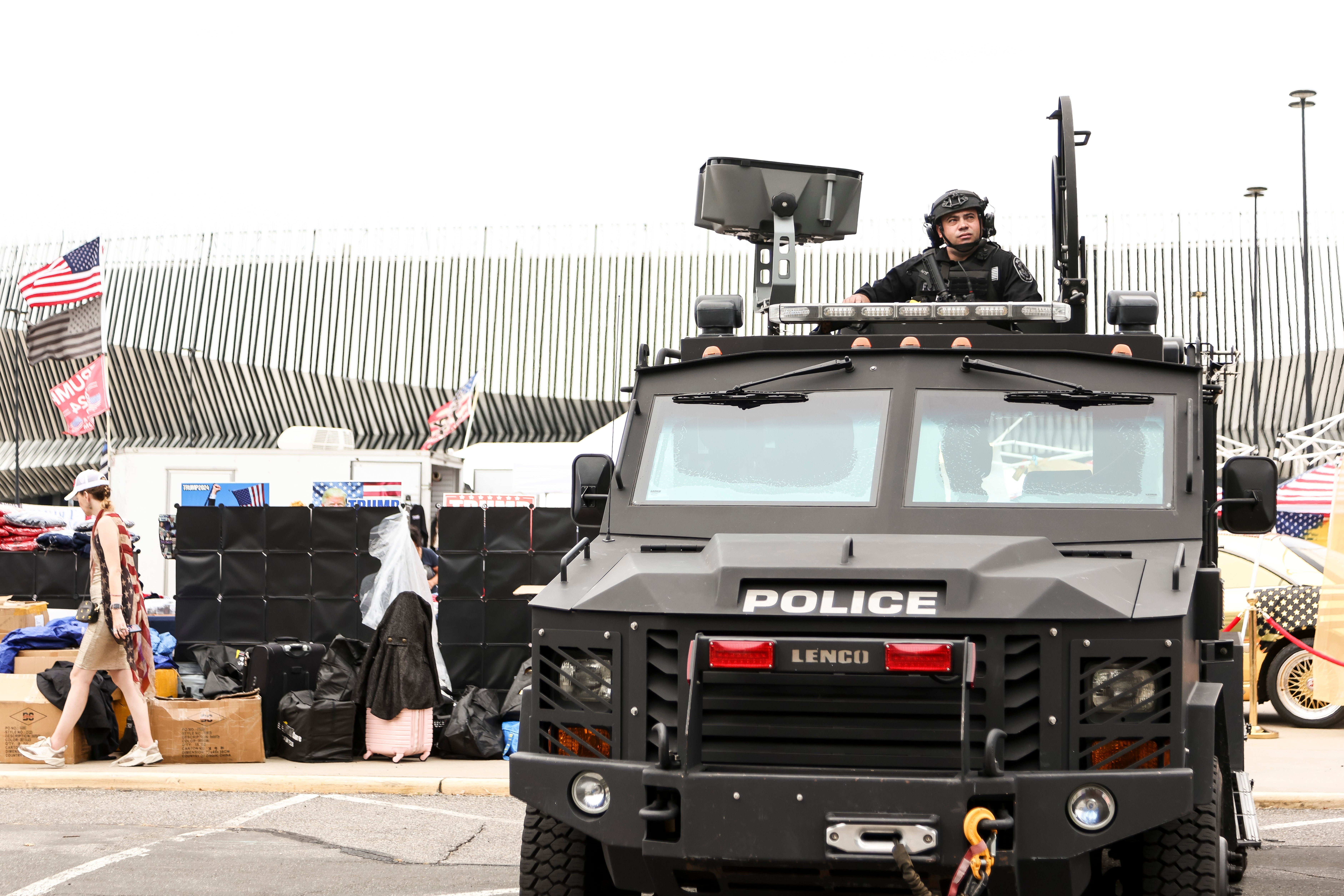 Nassau County, New York police officers providing security before a campaign rally by Republican presidential candidate and former president Donald J. Trump at Nassau Veterans Memorial Coliseum in Uniondale, New York