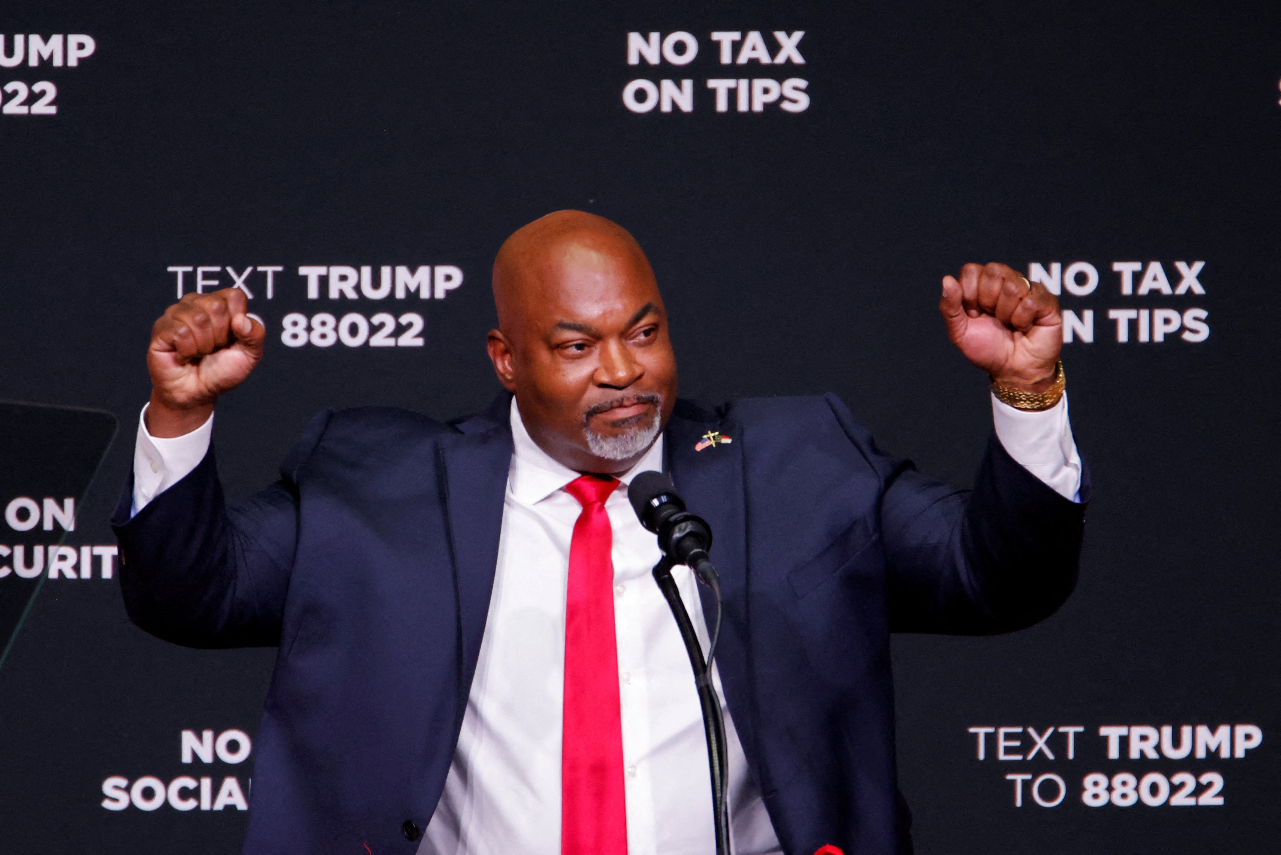 Republican candidate for North Carolina Governor and current North Carolina Lt. Governor Mark Robinson gestures as he attends a campaign event in Asheville, North Carolina, on August 14. Posts he repeatedly made on a porn site have now been deleted.