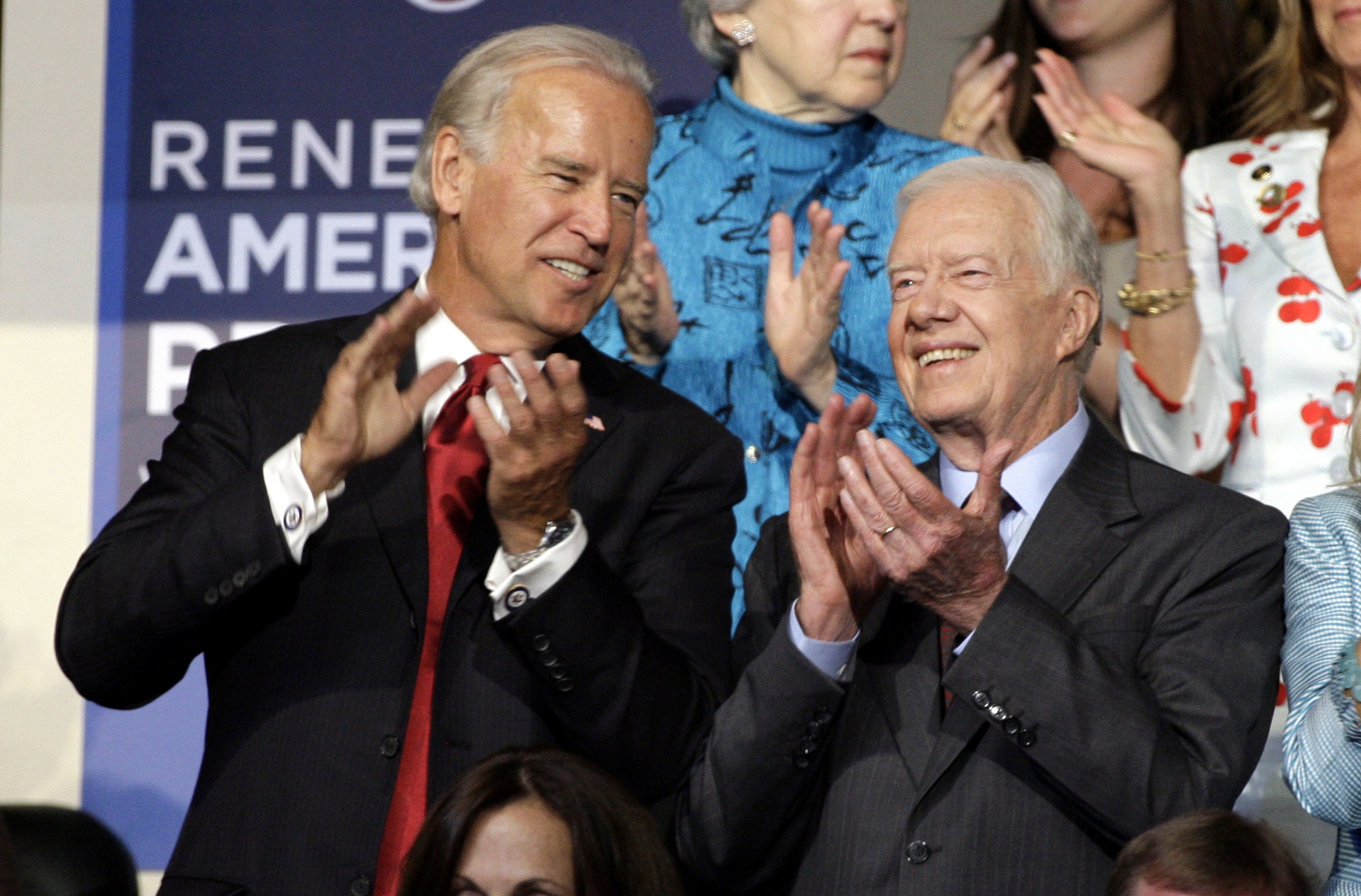 Senator Joe Biden and former President Jimmy Carter are seen at the Democratic National Convention in Denver in 2008.